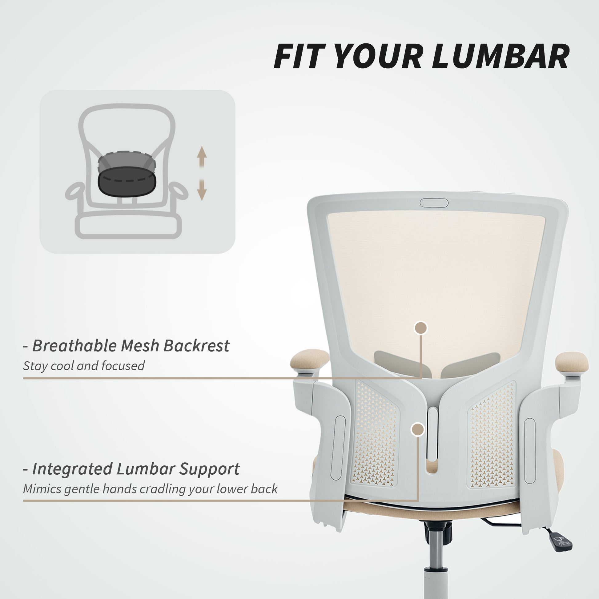Ergonomic Office Chair - Beige Mesh Desk Chair with Flip-up Arms-Office Products > Office Furniture > Office Chairs > Task Chairs-DECOROLALA