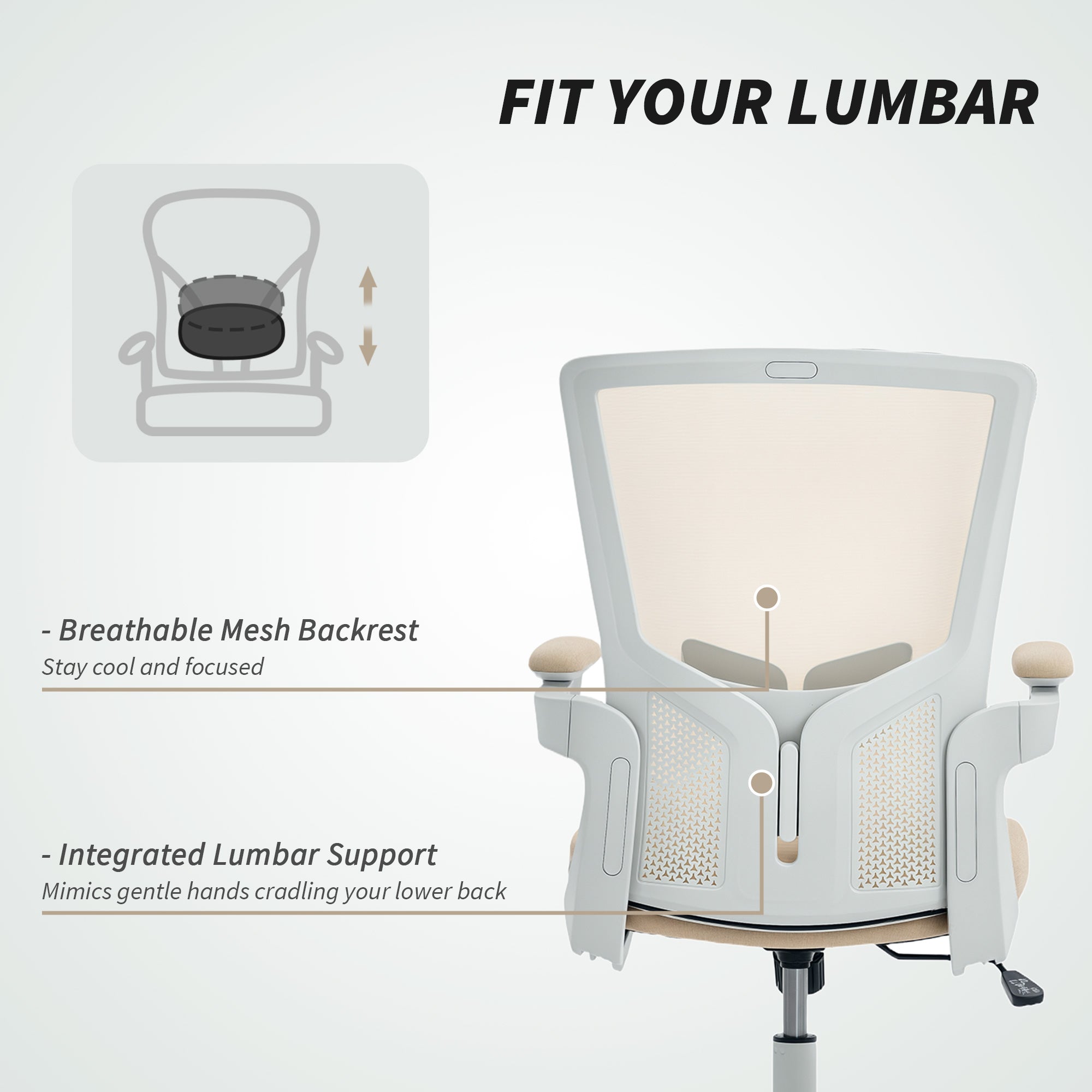 Ergonomic Office Chair - Beige Mesh Desk Chair with Flip-up Arms-Office Products > Office Furniture > Office Chairs > Task Chairs-DECOROLALA