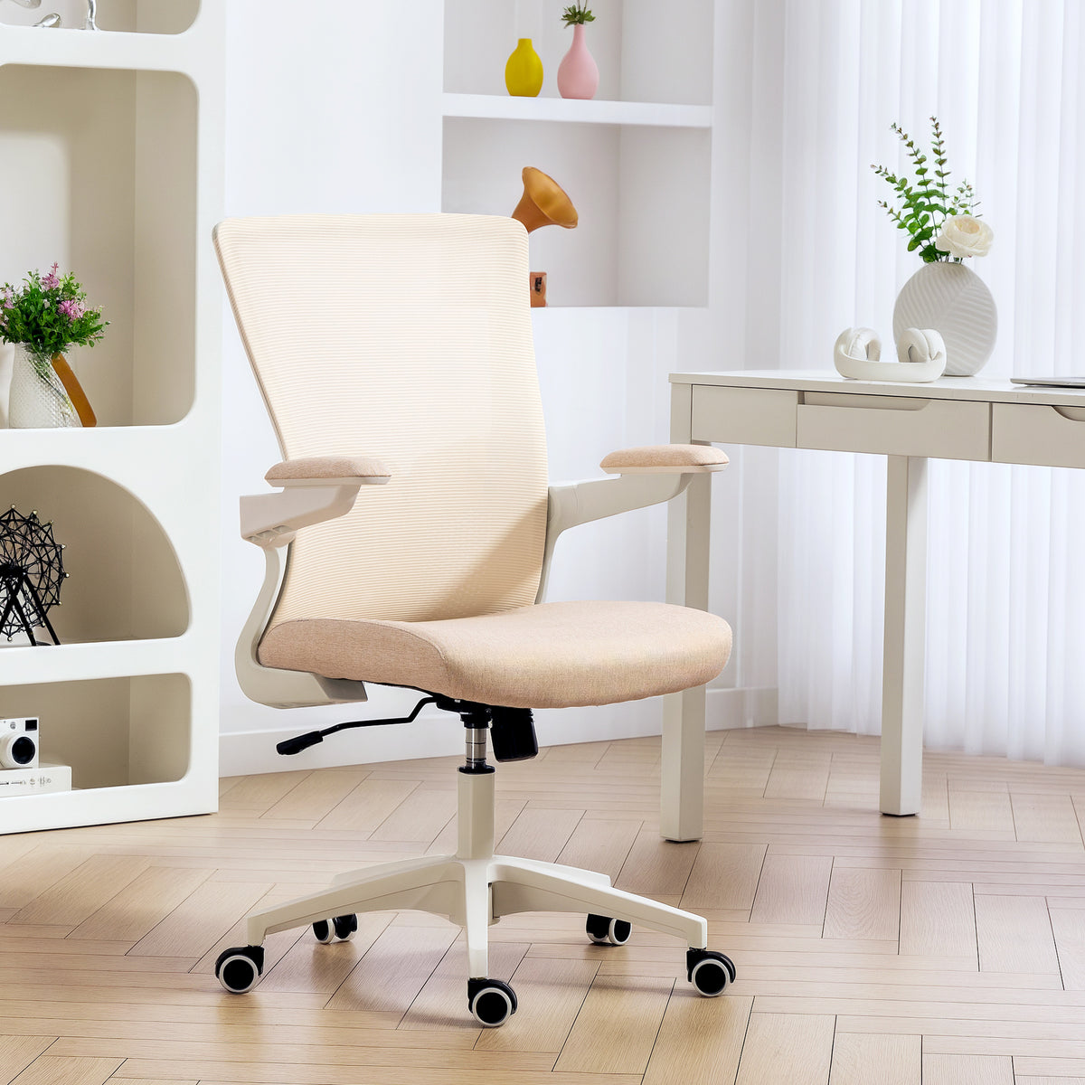 Ergonomic Office Chair - Beige Mesh Desk Chair with Flip-up Arms-Office Products > Office Furniture > Office Chairs > Task Chairs-DECOROLALA