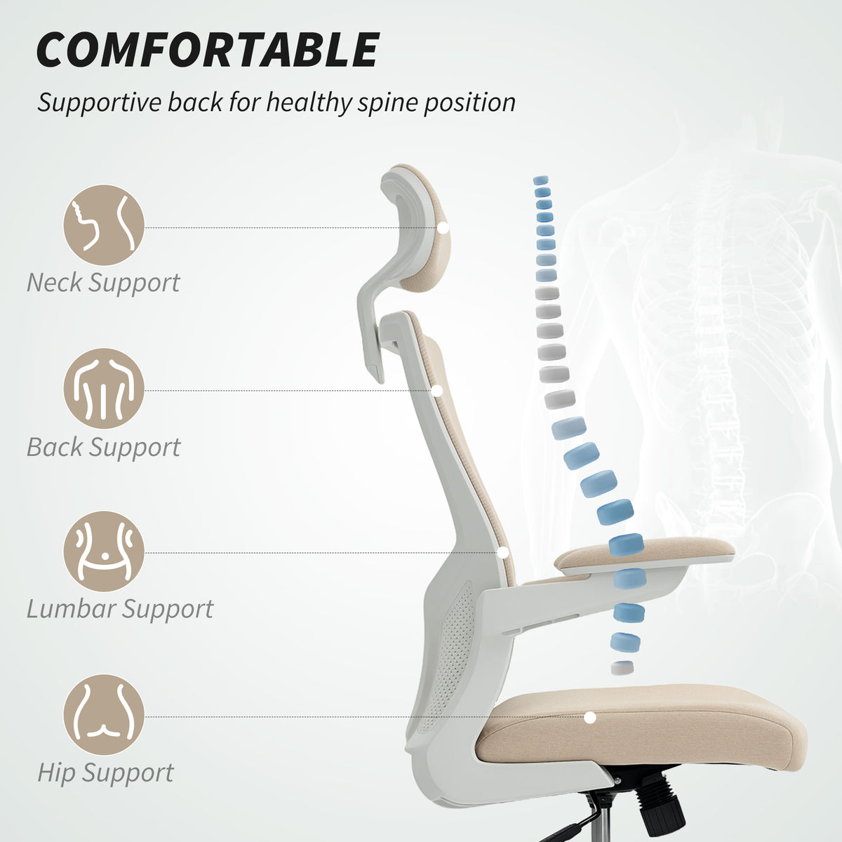 Ergonomic Office Chair - Beige Mesh Desk Chair with Headrest-Office Products > Office Furniture > Office Chairs > Task Chairs-DECOROLALA
