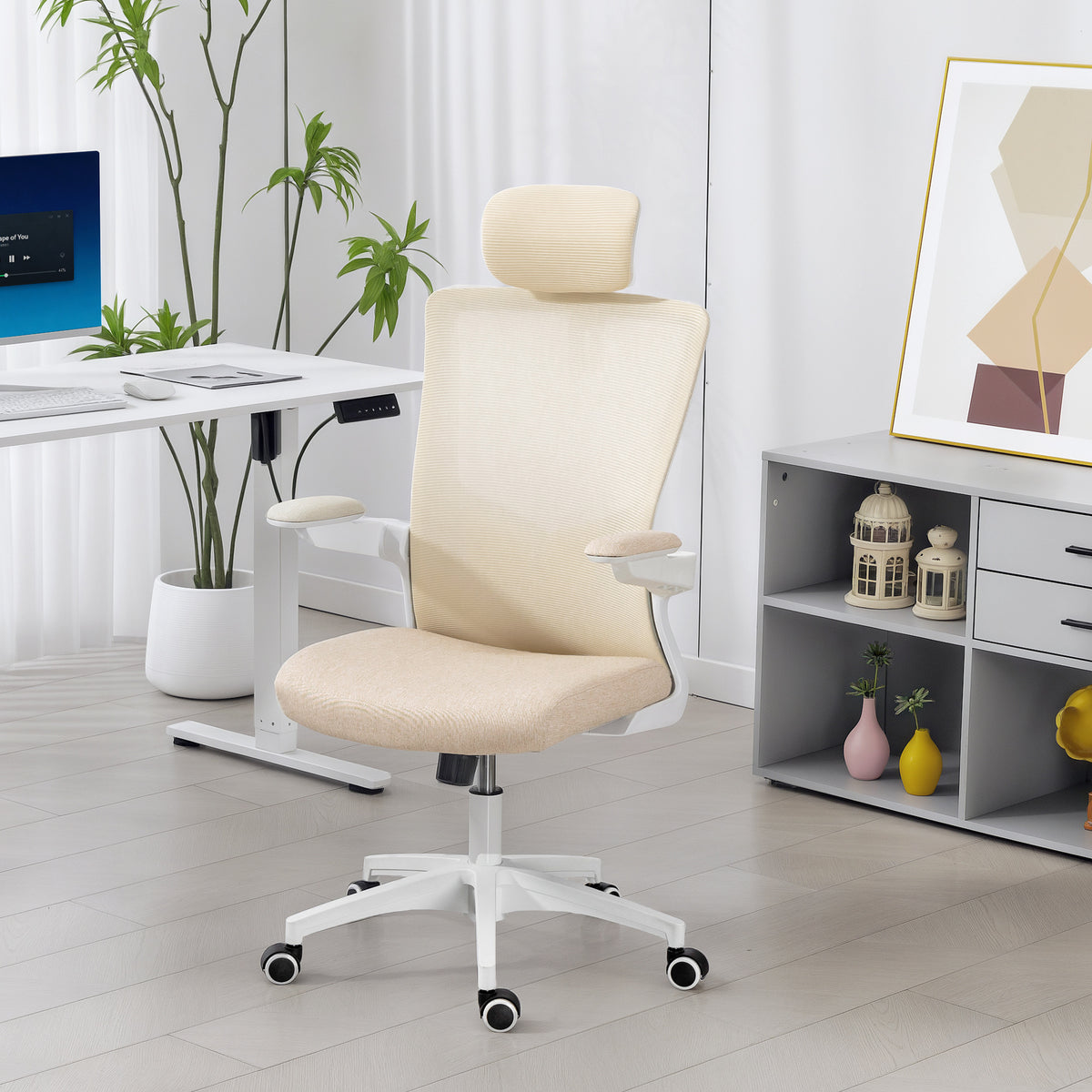 Ergonomic Office Chair - Beige Mesh Desk Chair with Headrest-Office Products > Office Furniture > Office Chairs > Task Chairs-DECOROLALA