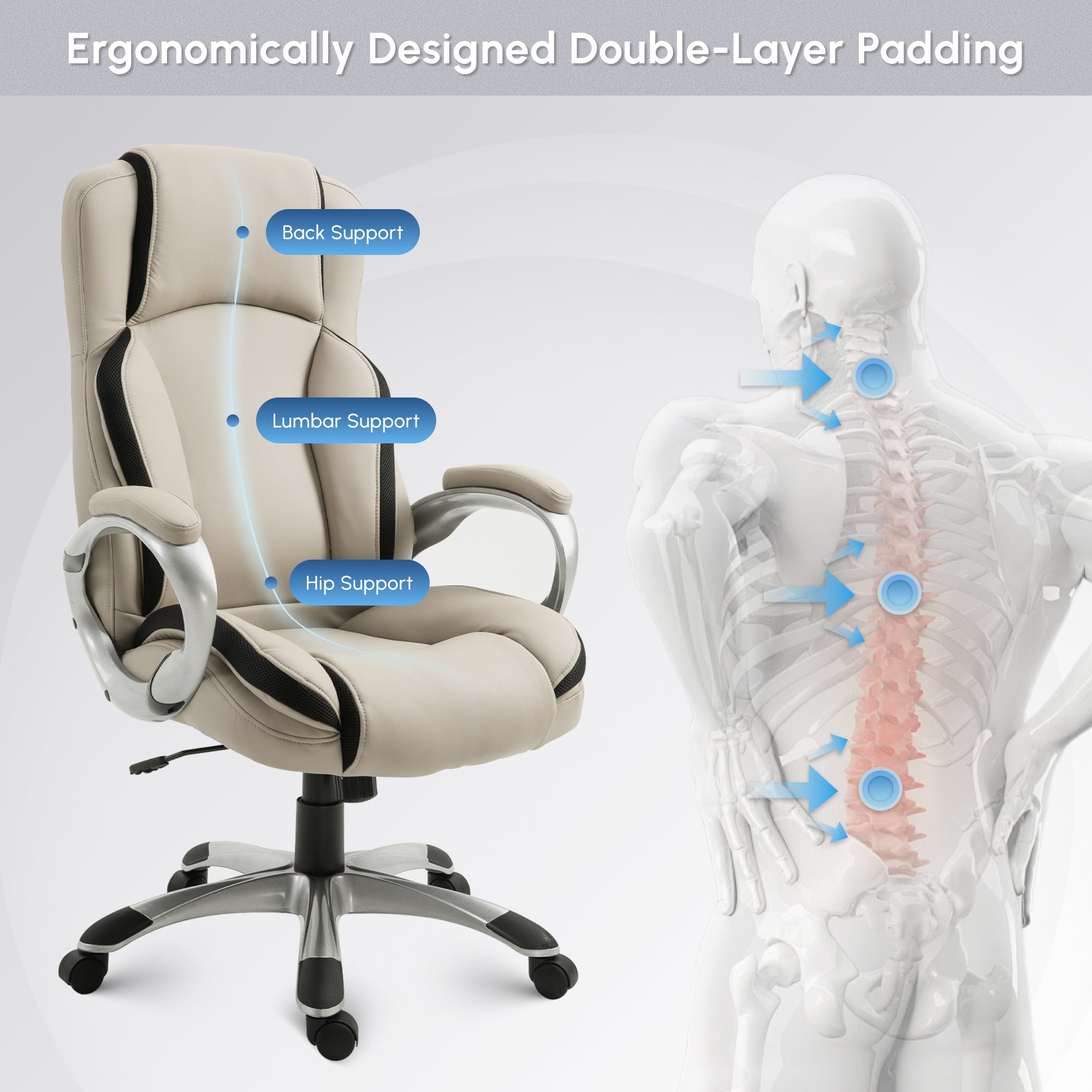 Ergonomic Office Chair PU Leather - Greige/Black-DECOROLALA