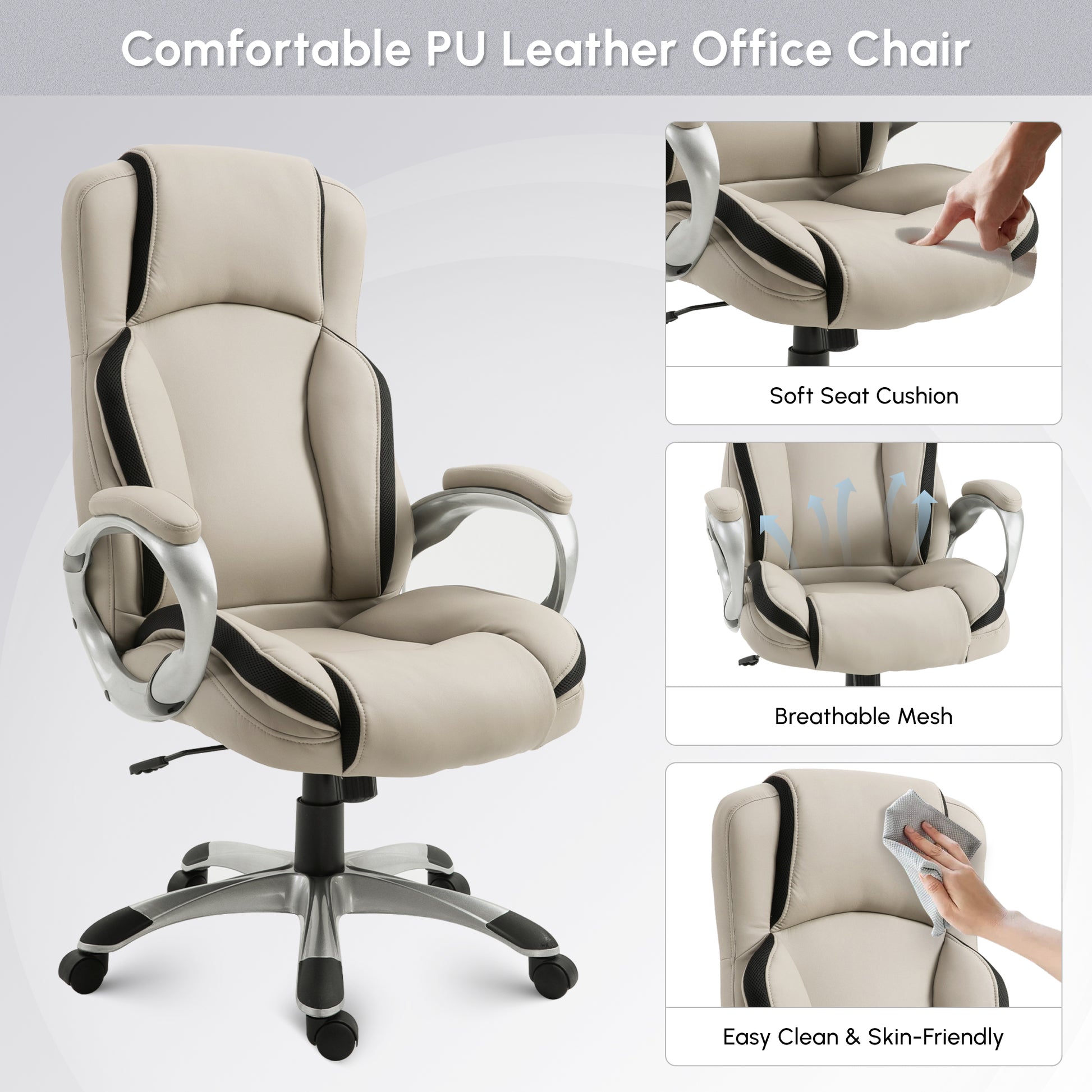 Ergonomic Office Chair PU Leather - Greige/Black-DECOROLALA