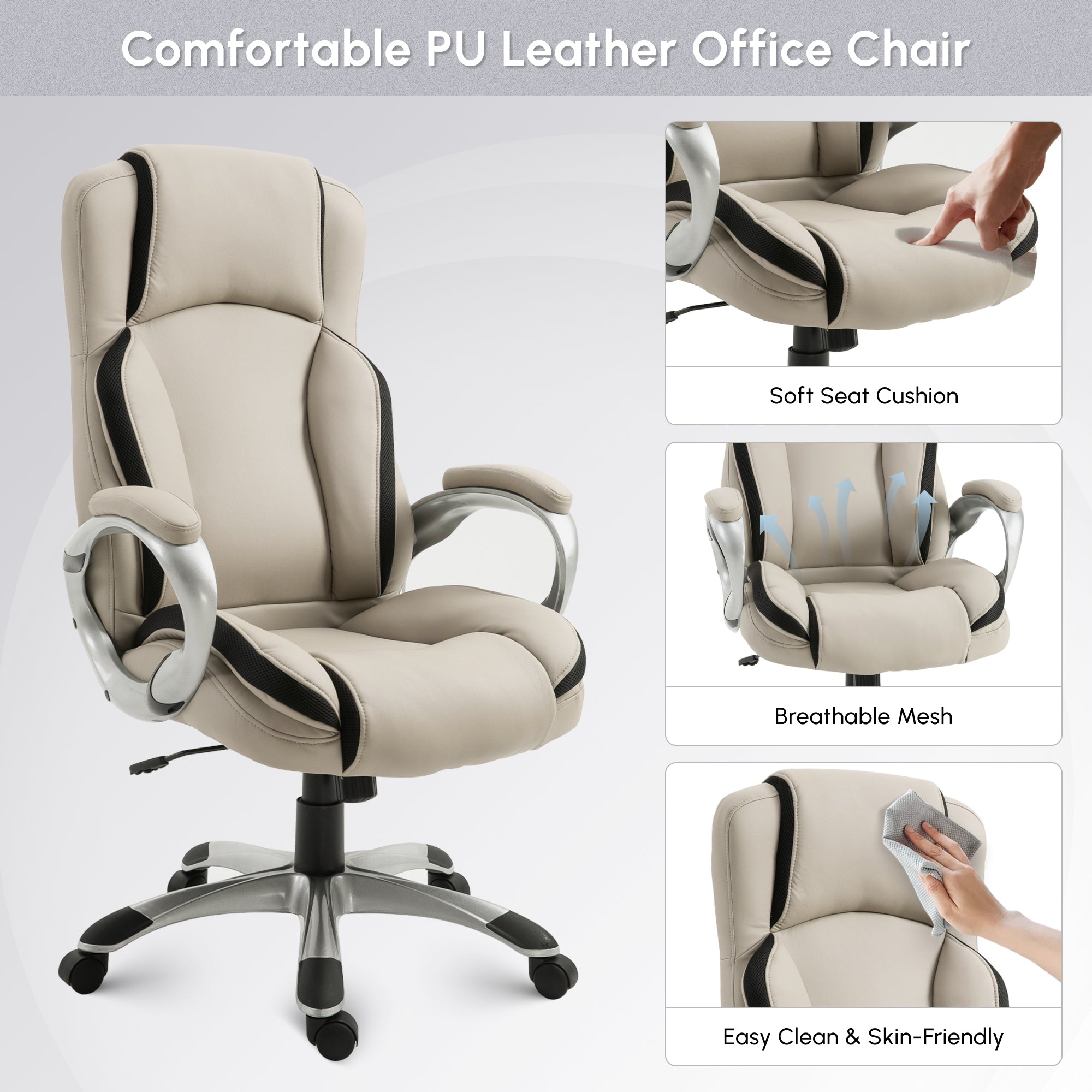 Ergonomic Office Chair PU Leather - Greige/Black-DECOROLALA