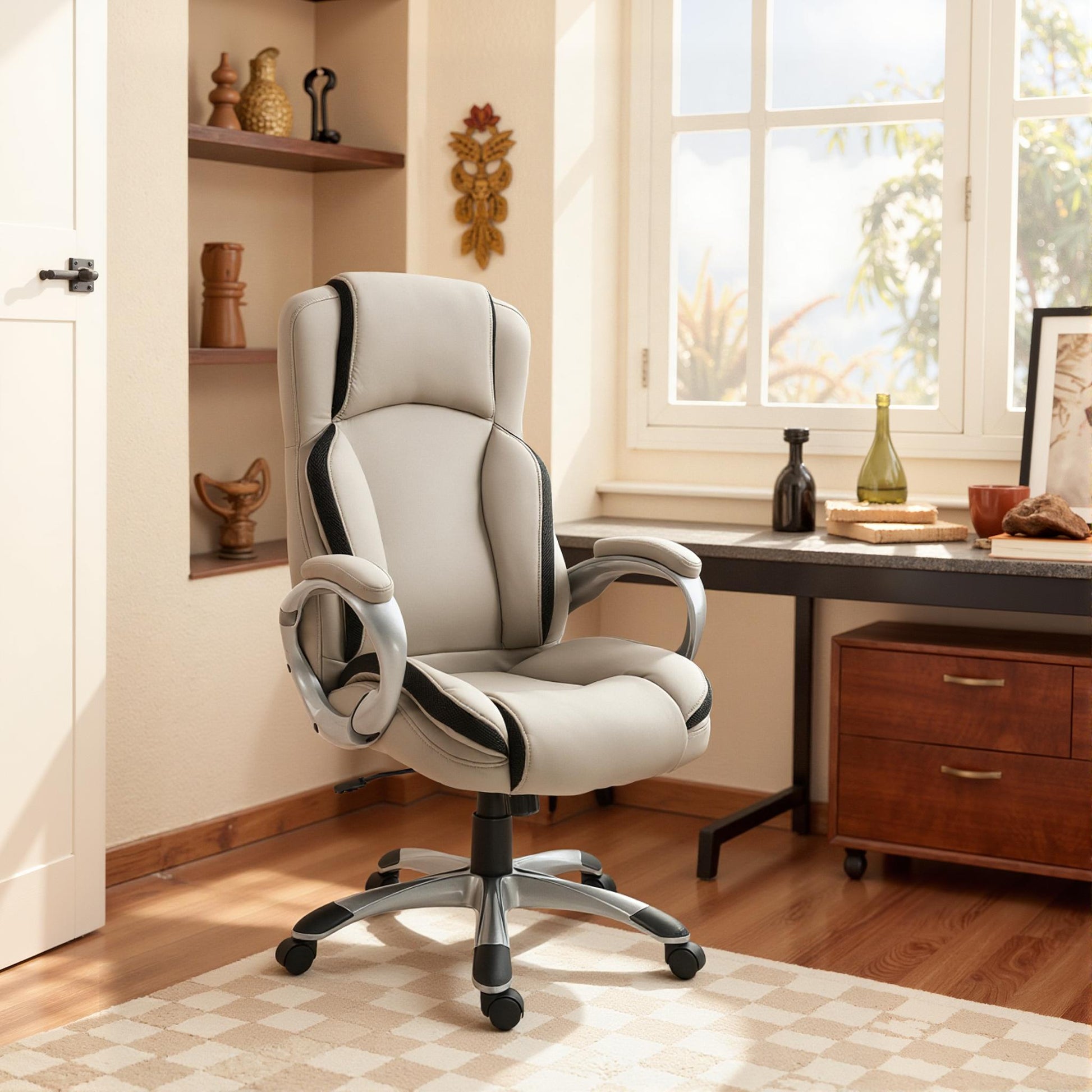 Ergonomic Office Chair PU Leather - Greige/Black-DECOROLALA