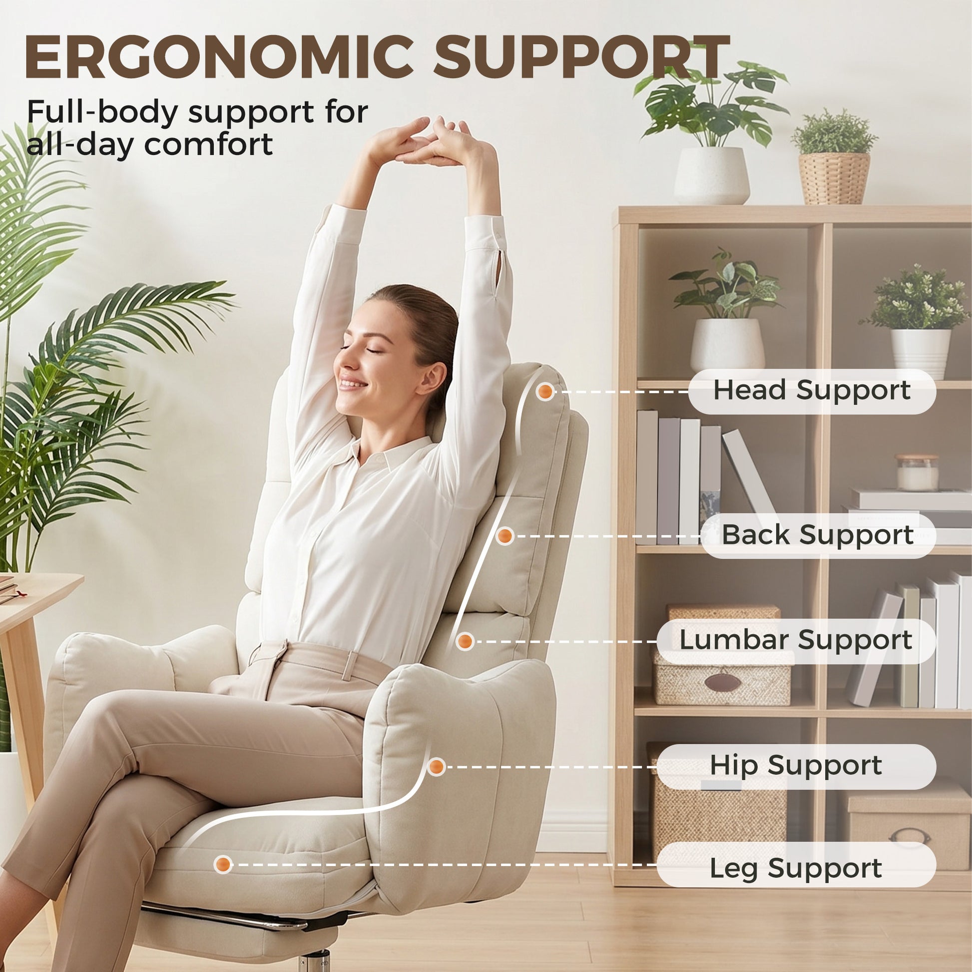 Ergonomic Office Chair with Footrest - Cream White Snow Flannel-Office Products > Office Furniture > Office Chairs > Executive & Manager Chairs-DECOROLALA