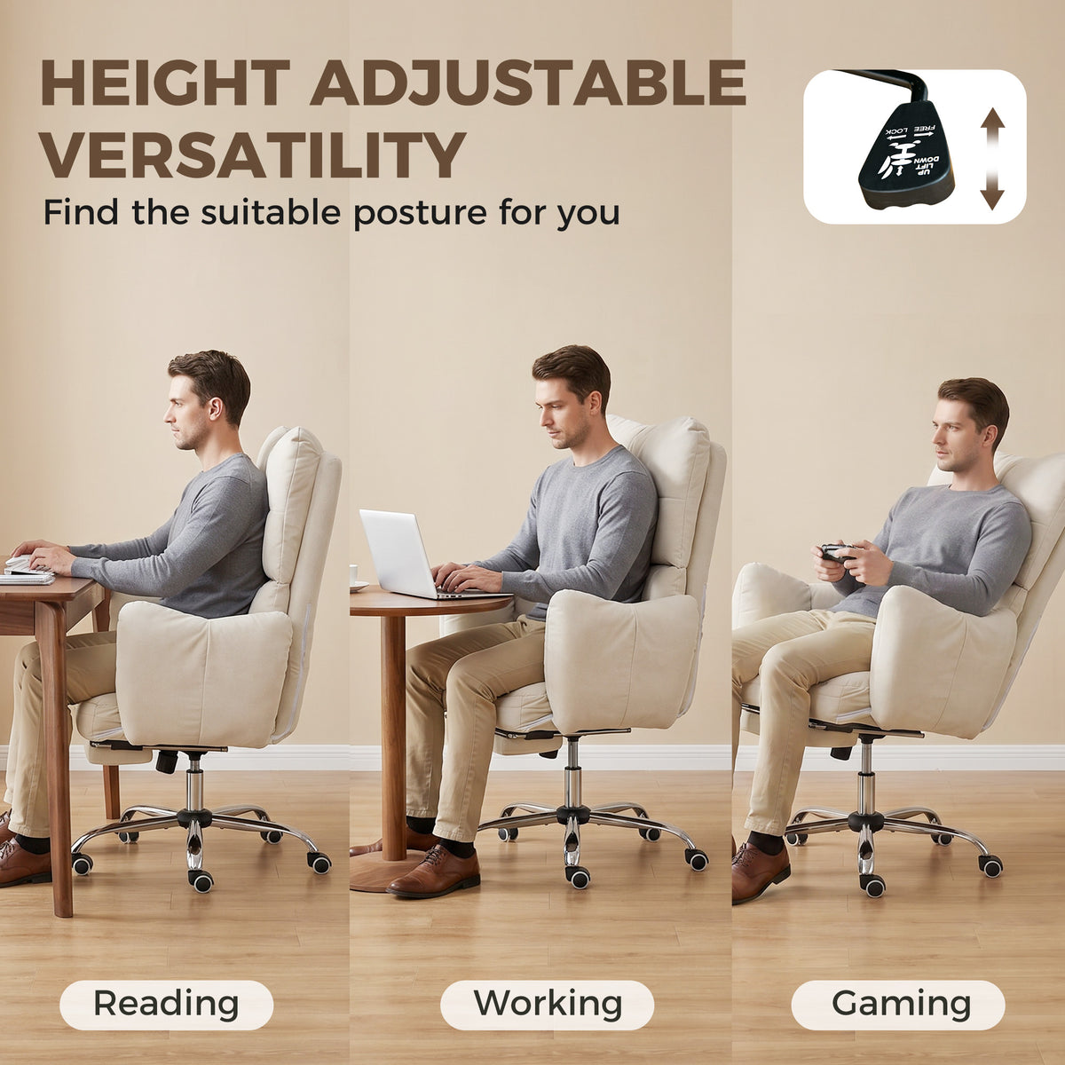 Ergonomic Office Chair with Footrest - Cream White Snow Flannel-Office Products > Office Furniture > Office Chairs > Executive & Manager Chairs-DECOROLALA