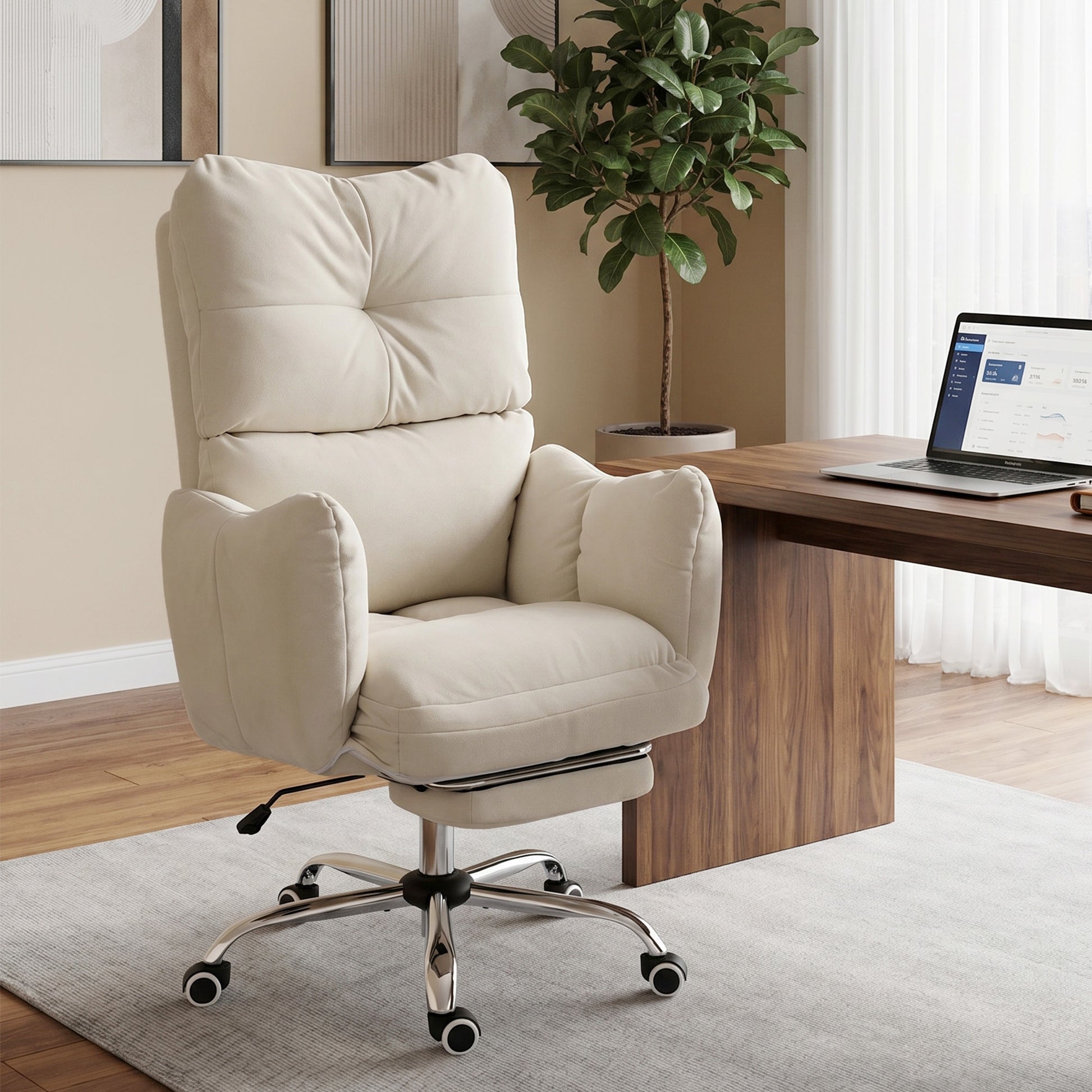 Ergonomic Office Chair with Footrest - Cream White Snow Flannel-Office Products > Office Furniture > Office Chairs > Executive & Manager Chairs-DECOROLALA