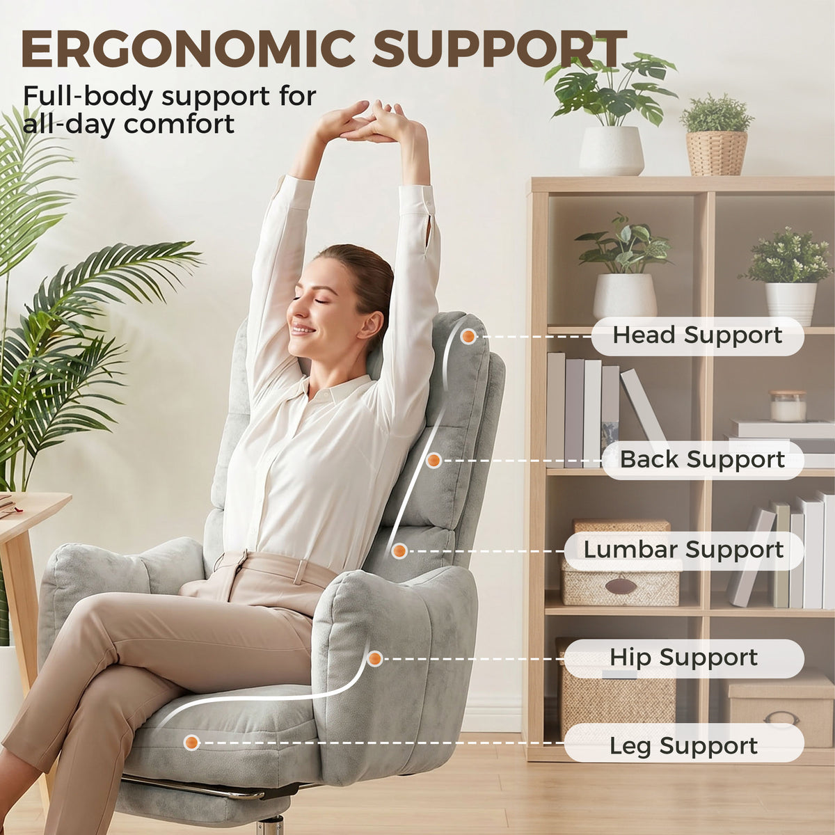 Ergonomic Office Chair with Footrest - Light Grey Flannel-Office Chairs-DECOROLALA