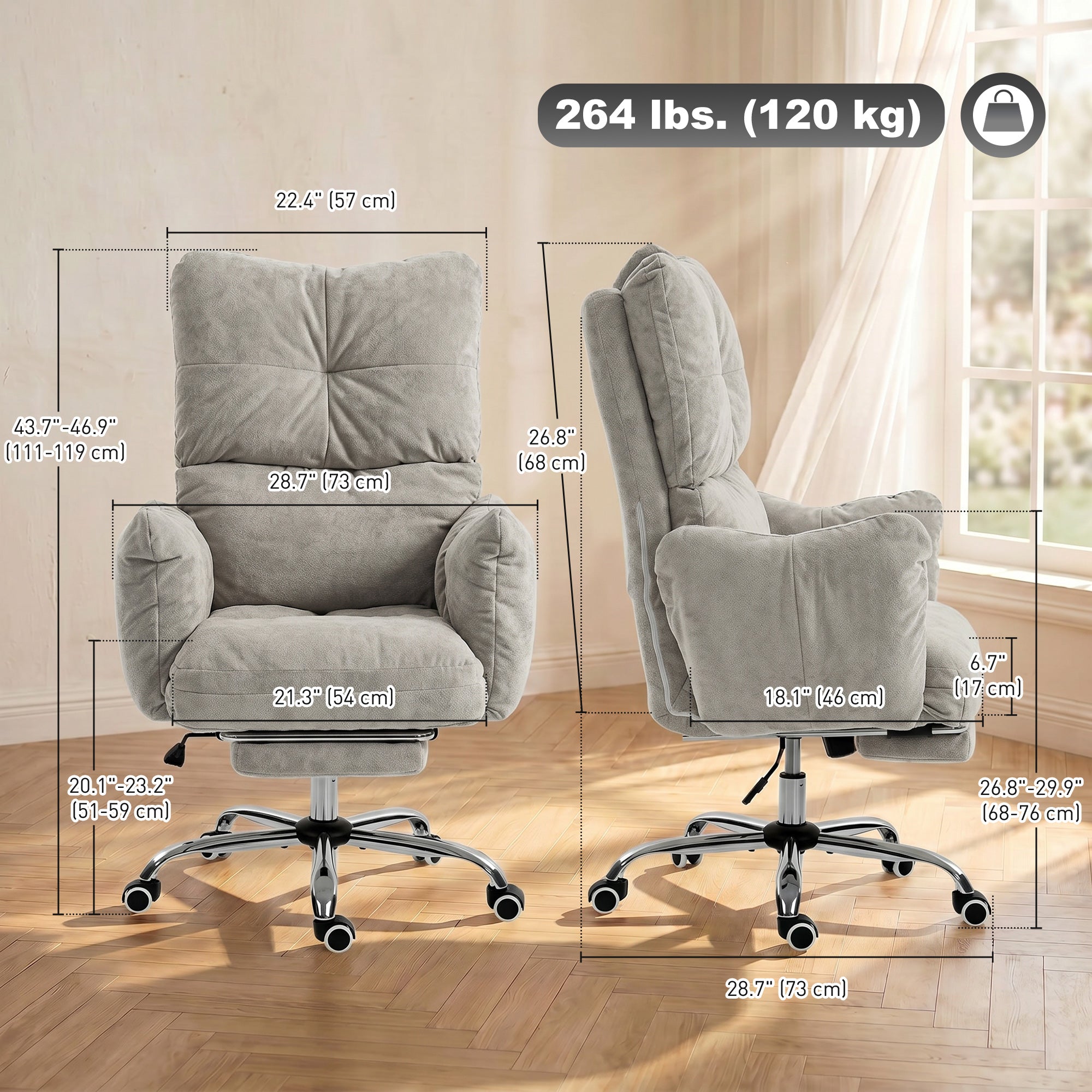 Ergonomic Office Chair with Footrest - Light Grey Flannel-Office Products > Office Furniture > Office Chairs-DECOROLALA