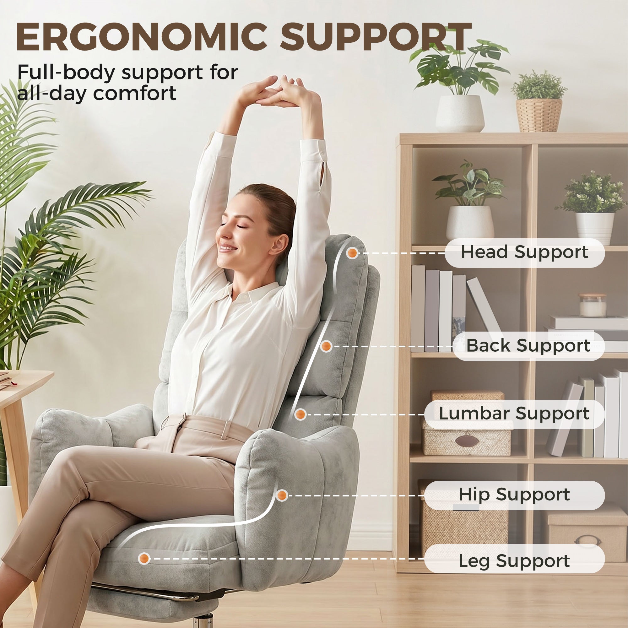 Ergonomic Office Chair with Footrest - Light Grey Flannel-Office Products > Office Furniture > Office Chairs-DECOROLALA