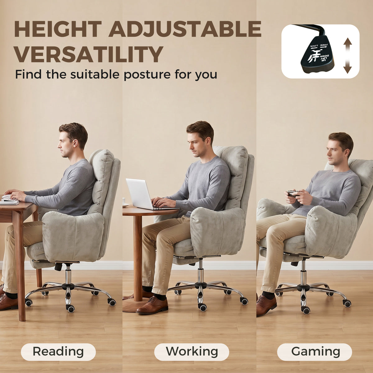 Ergonomic Office Chair with Footrest - Light Grey Flannel-Office Products > Office Furniture > Office Chairs-DECOROLALA