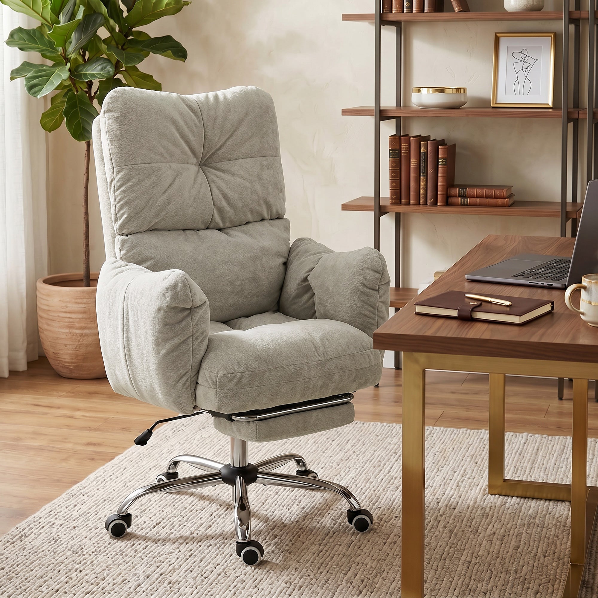 Ergonomic Office Chair with Footrest - Light Grey Flannel-Office Products > Office Furniture > Office Chairs-DECOROLALA