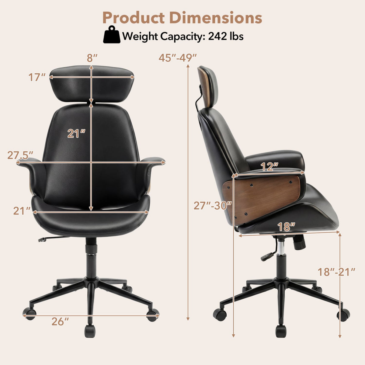 Ergonomic Office Chair with Headrest Adjustable Height for Home Office and Study-Black-Office Chairs-DECOROLALA
