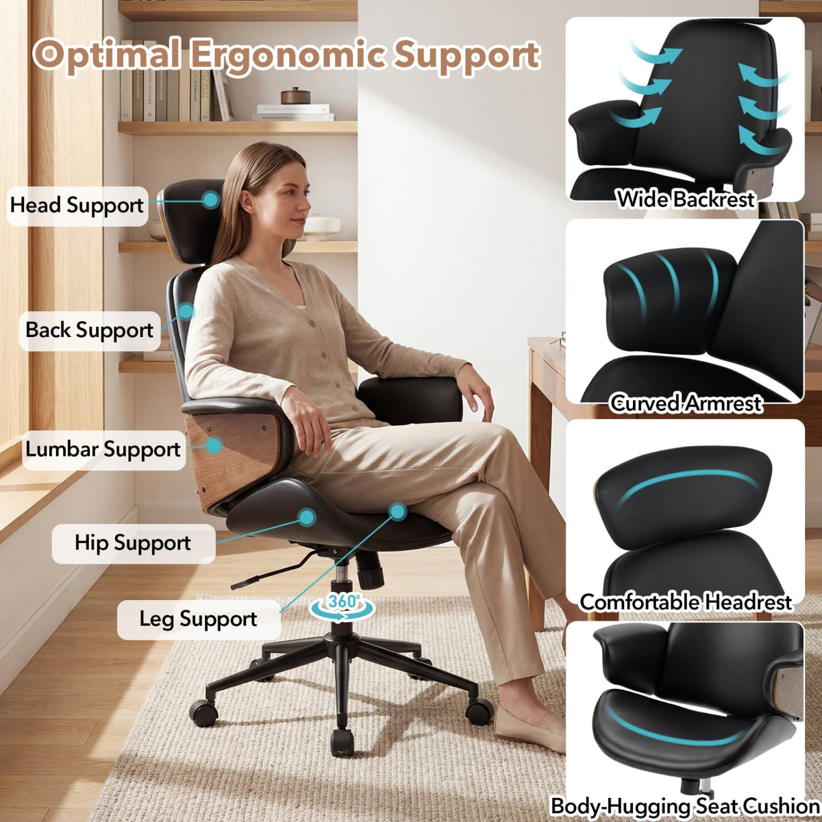 Ergonomic Office Chair with Headrest Adjustable Height for Home Office and Study-Black-Office Chairs-DECOROLALA