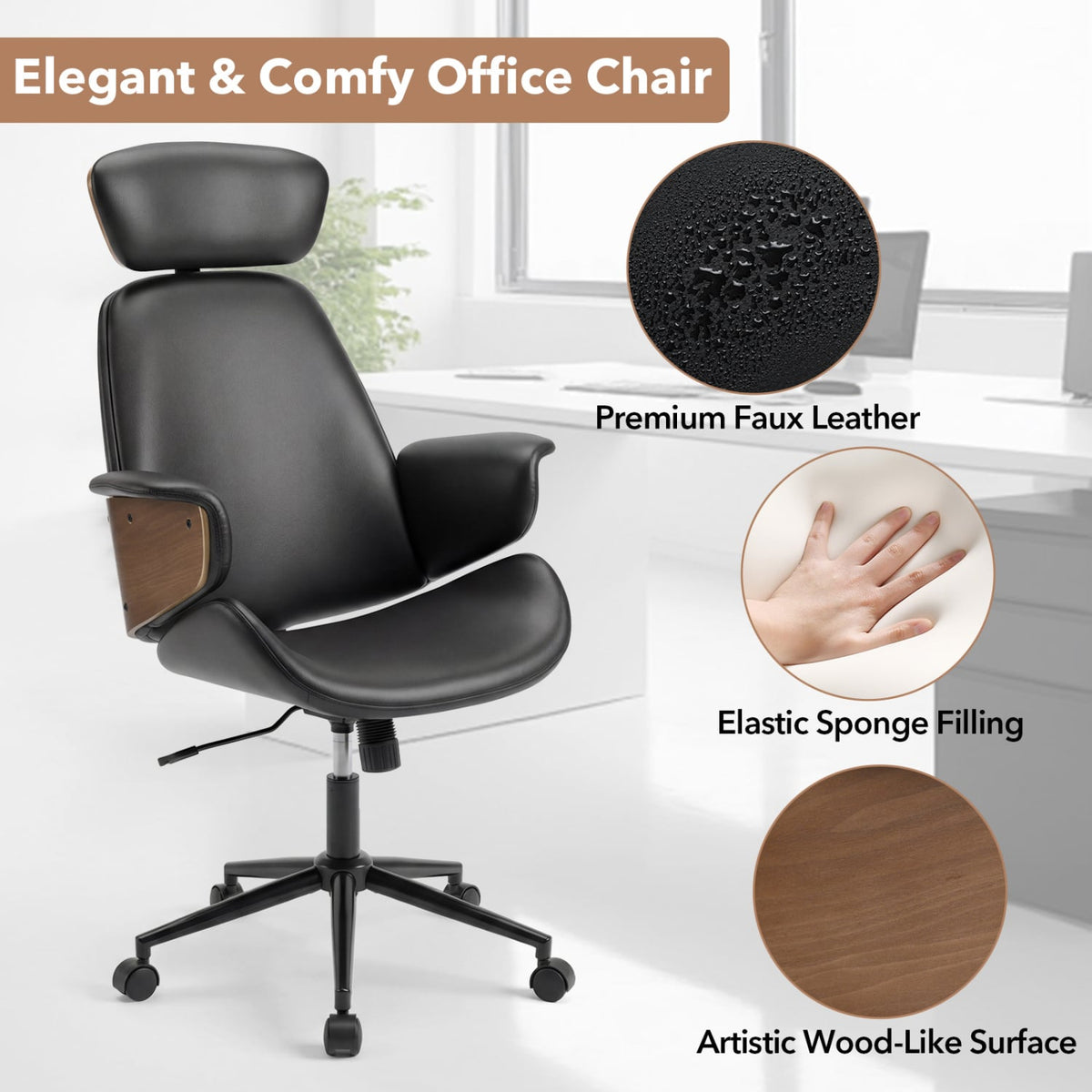 Ergonomic Office Chair with Headrest Adjustable Height for Home Office and Study-Black-Office Chairs-DECOROLALA