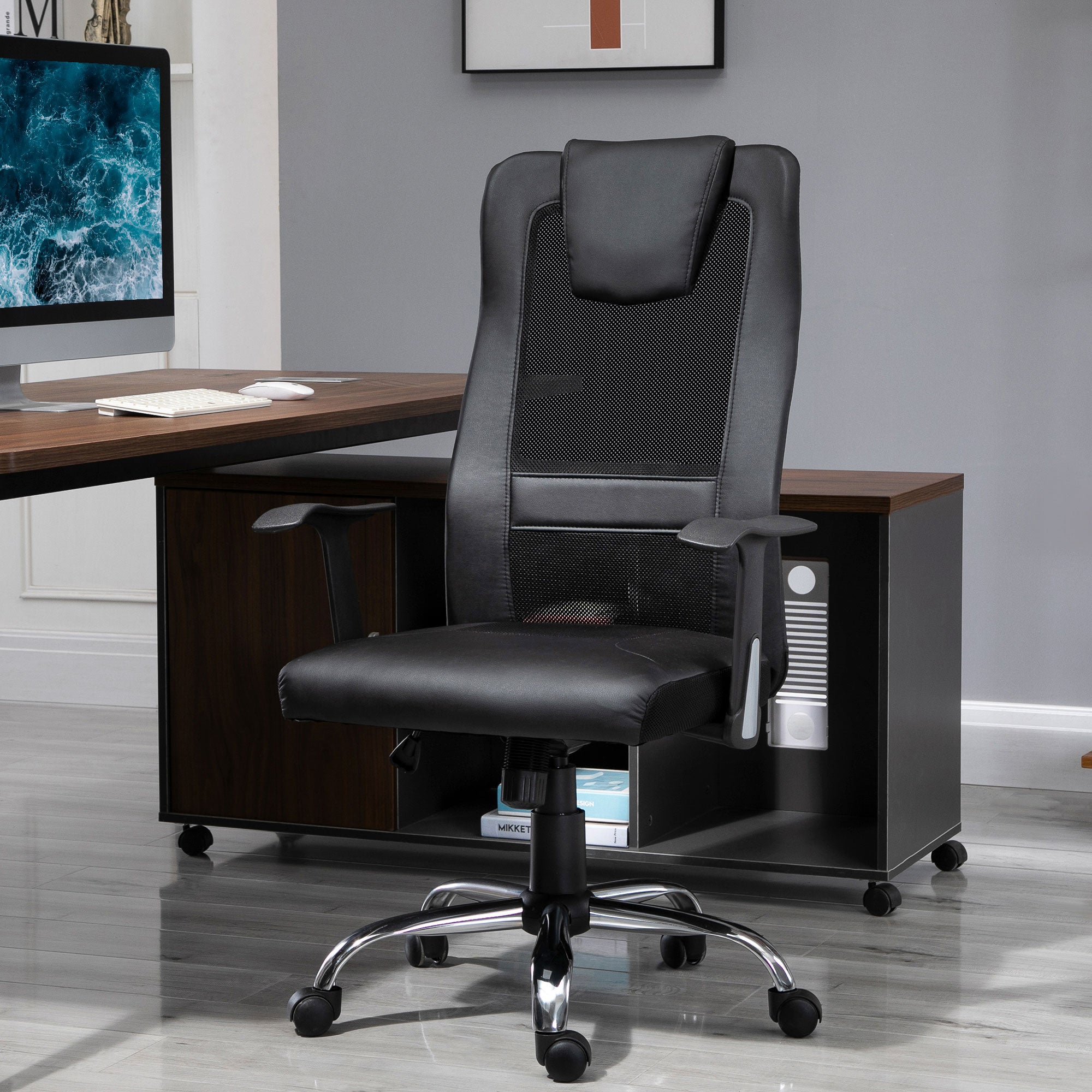 Ergonomic Office Chair with Thick Padded Headrest, Mesh Computer Desk Chair with Tilt Function, Armrest, Black-Office Products > Office Furniture > Office Chairs > Task Chairs-DECOROLALA