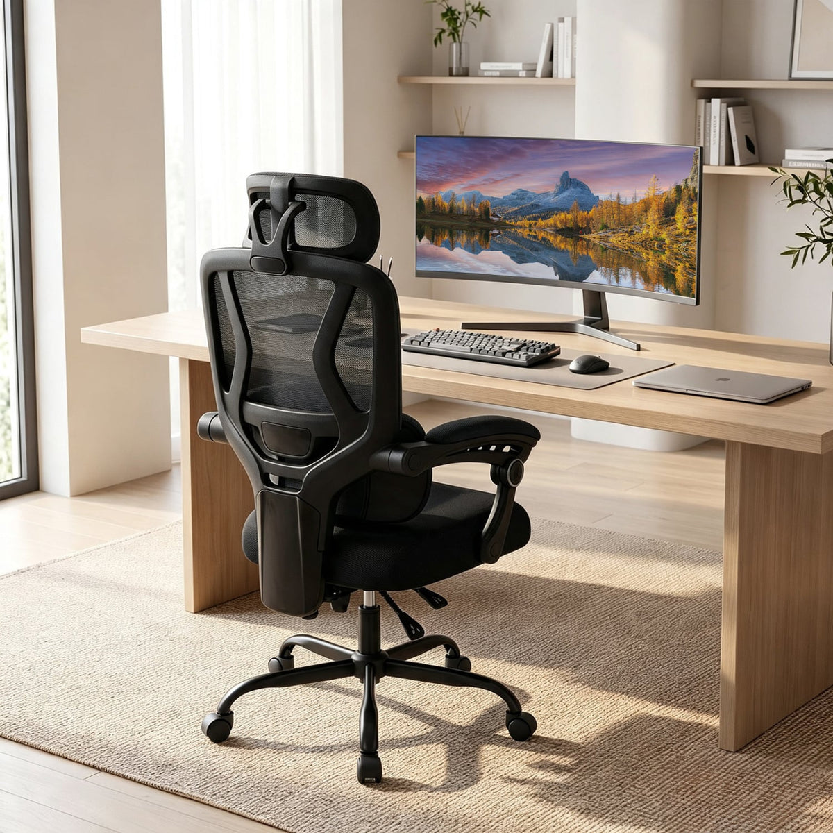 Ergonomic Office Computer Mesh Chair with High Back Adaptive Lumbar Support and 2D Adjustable Headrest-Black-Office Chairs-DECOROLALA
