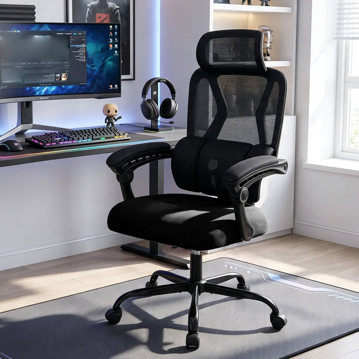 Ergonomic Office Computer Mesh Chair with High Back Adaptive Lumbar Support and 2D Adjustable Headrest-Black-Office Chairs-DECOROLALA