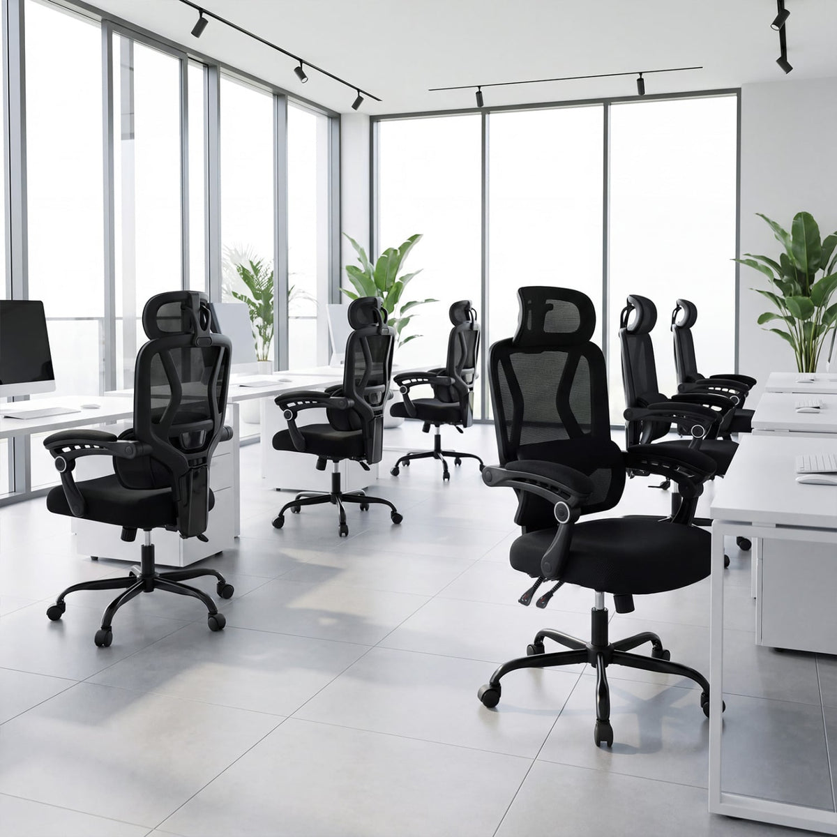Ergonomic Office Computer Mesh Chair with High Back Adaptive Lumbar Support and 2D Adjustable Headrest-Black-Office Chairs-DECOROLALA