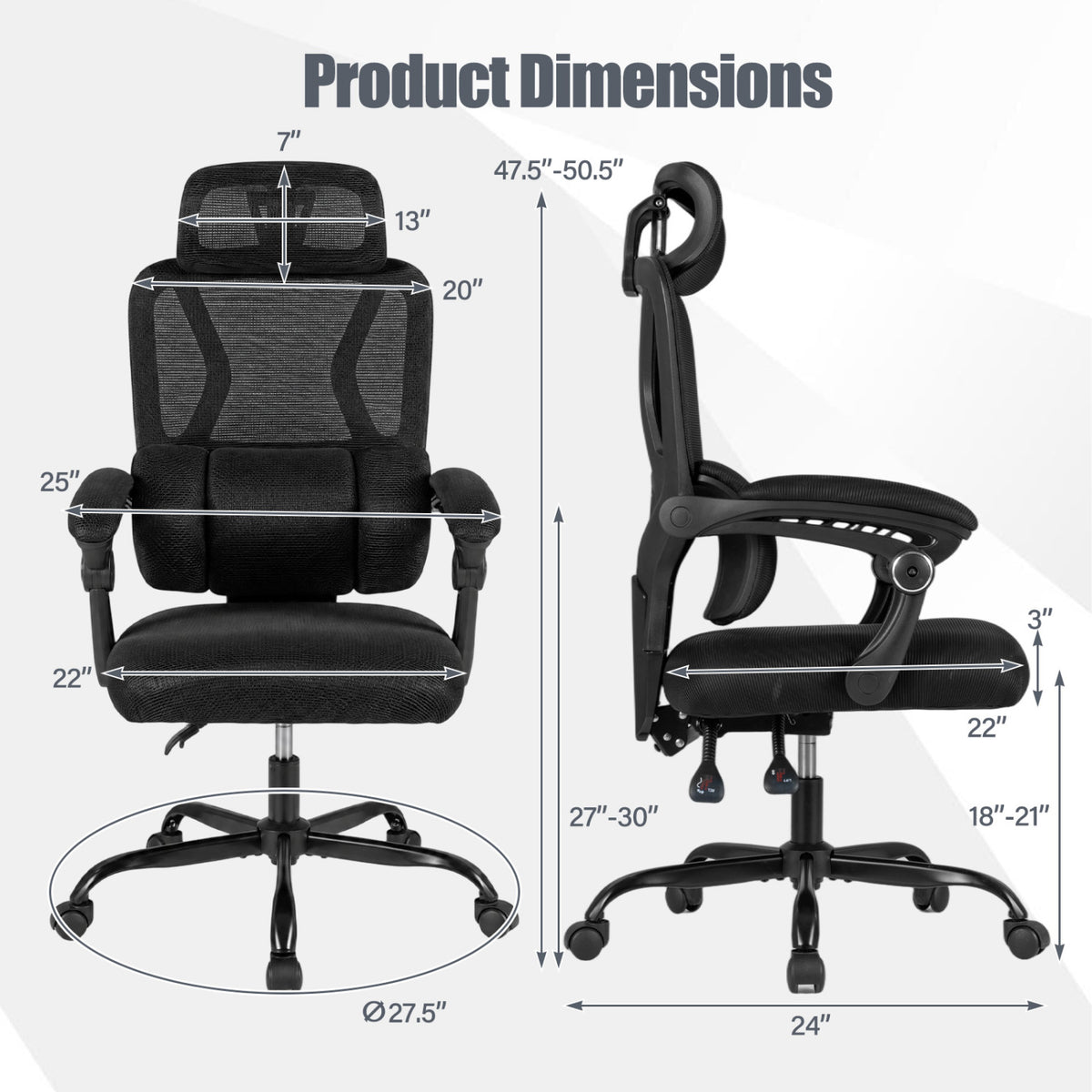 Ergonomic Office Computer Mesh Chair with High Back Adaptive Lumbar Support and 2D Adjustable Headrest-Black-Office Chairs-DECOROLALA