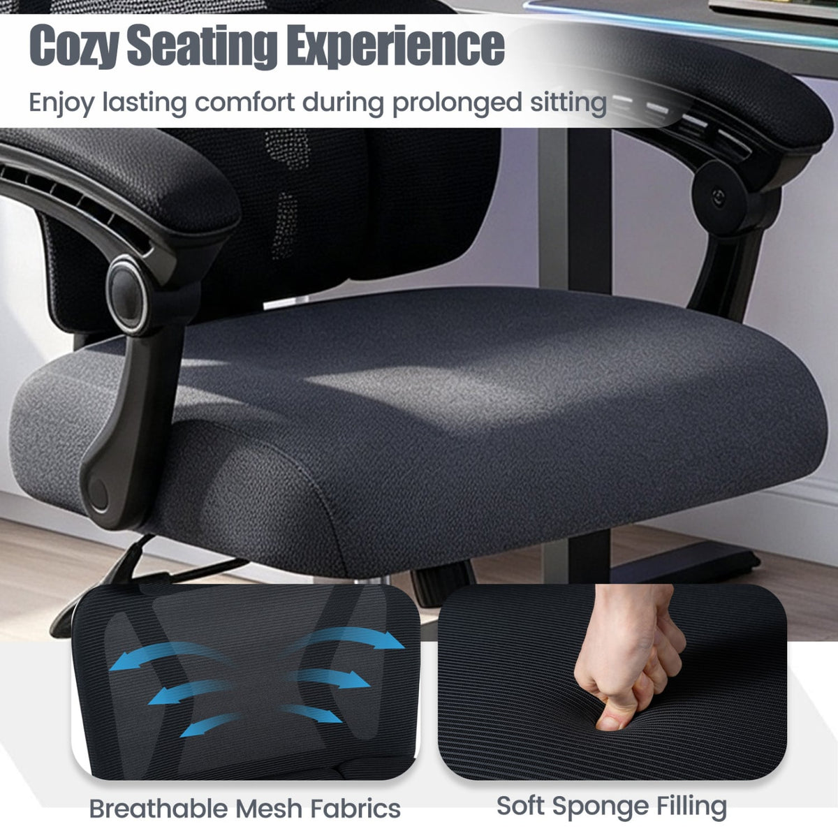 Ergonomic Office Computer Mesh Chair with High Back Adaptive Lumbar Support and 2D Adjustable Headrest-Black-Office Chairs-DECOROLALA
