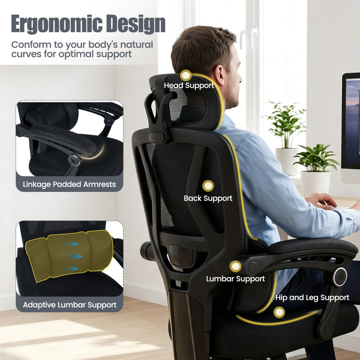 Ergonomic Office Computer Mesh Chair with High Back Adaptive Lumbar Support and 2D Adjustable Headrest-Black-Office Chairs-DECOROLALA