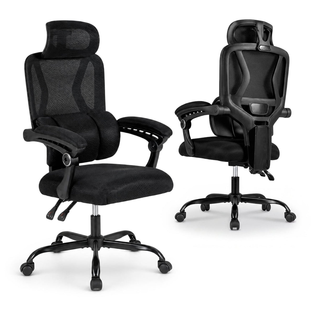 Ergonomic Office Computer Mesh Chair with High Back Adaptive Lumbar Support and 2D Adjustable Headrest-Black-Office Chairs-DECOROLALA