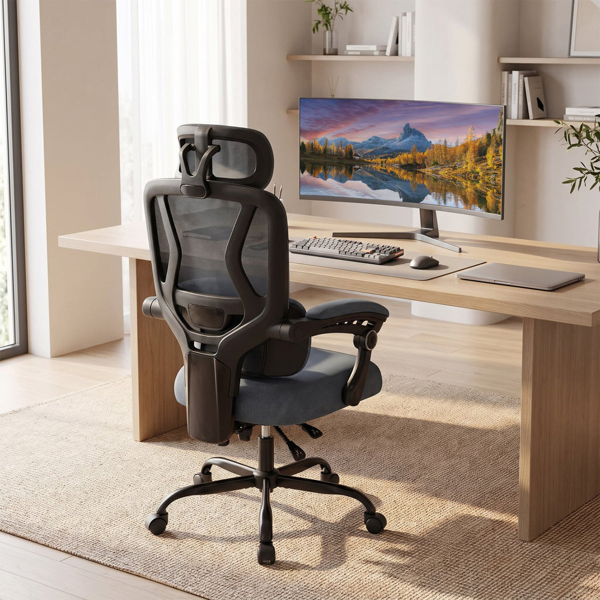 Ergonomic Office Computer Mesh Chair with High Back Adaptive Lumbar Support and 2D Adjustable Headrest-Gray-Office Chairs-DECOROLALA