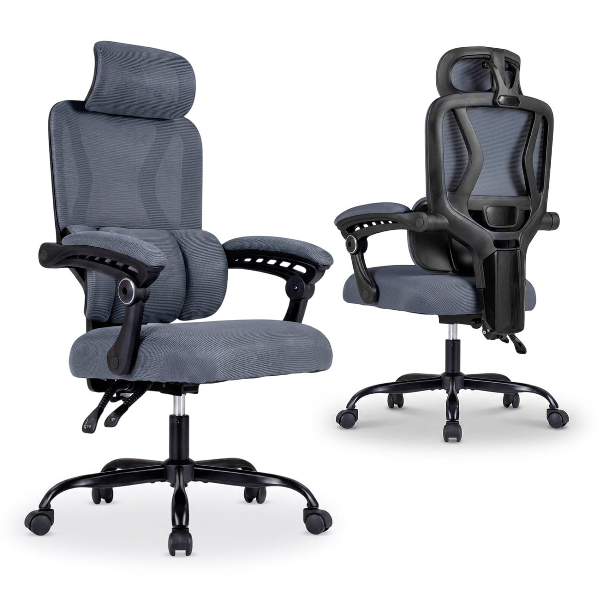 Ergonomic Office Computer Mesh Chair with High Back Adaptive Lumbar Support and 2D Adjustable Headrest-Gray-Office Chairs-DECOROLALA