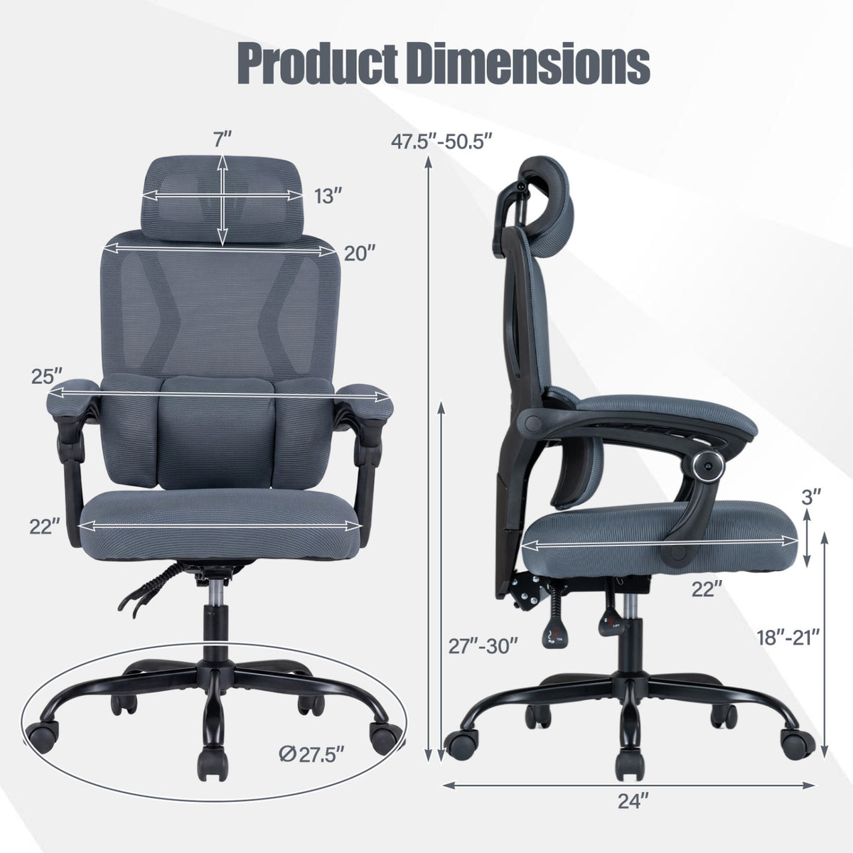 Ergonomic Office Computer Mesh Chair with High Back Adaptive Lumbar Support and 2D Adjustable Headrest-Gray-Office Chairs-DECOROLALA