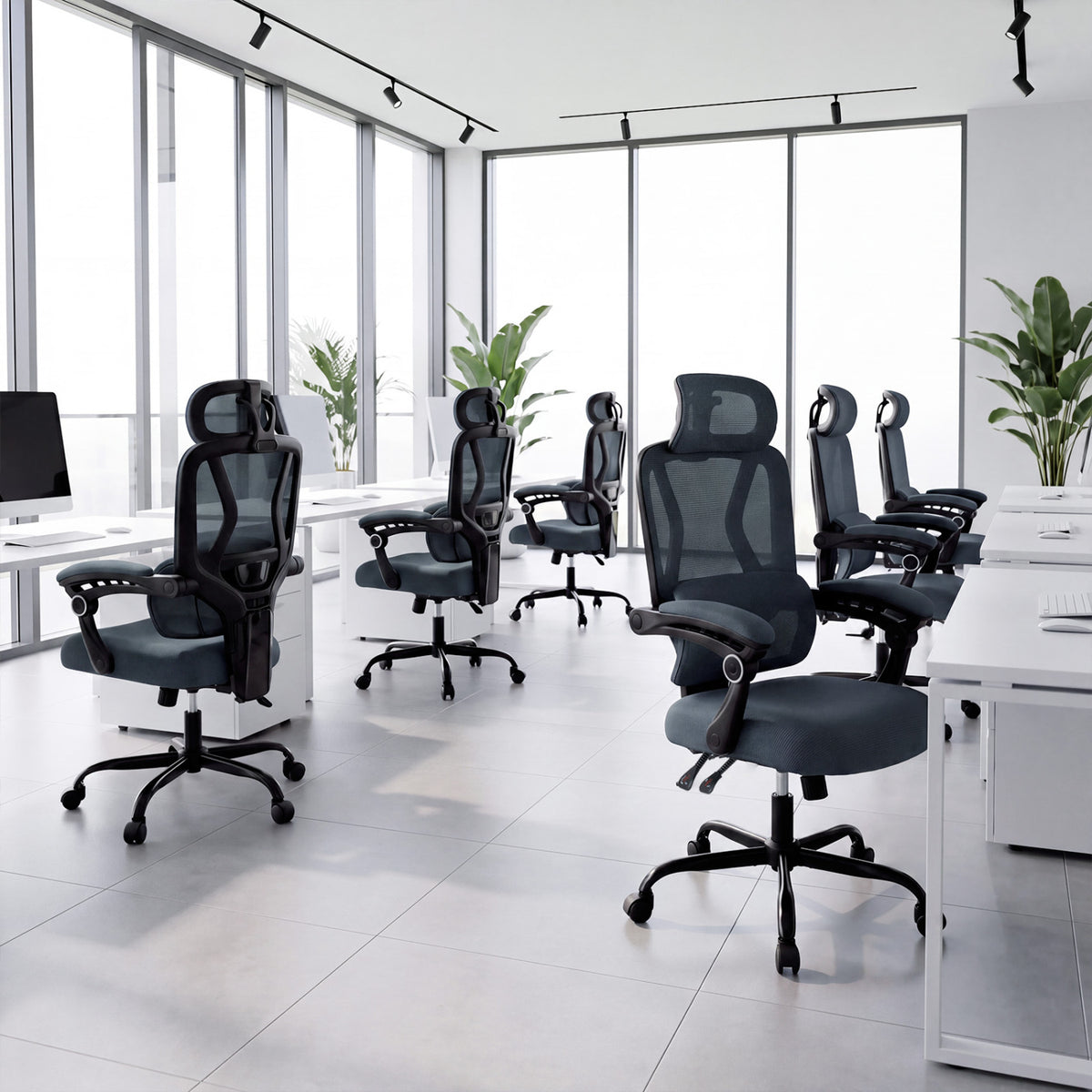 Ergonomic Office Computer Mesh Chair with High Back Adaptive Lumbar Support and 2D Adjustable Headrest-Gray-Office Chairs-DECOROLALA