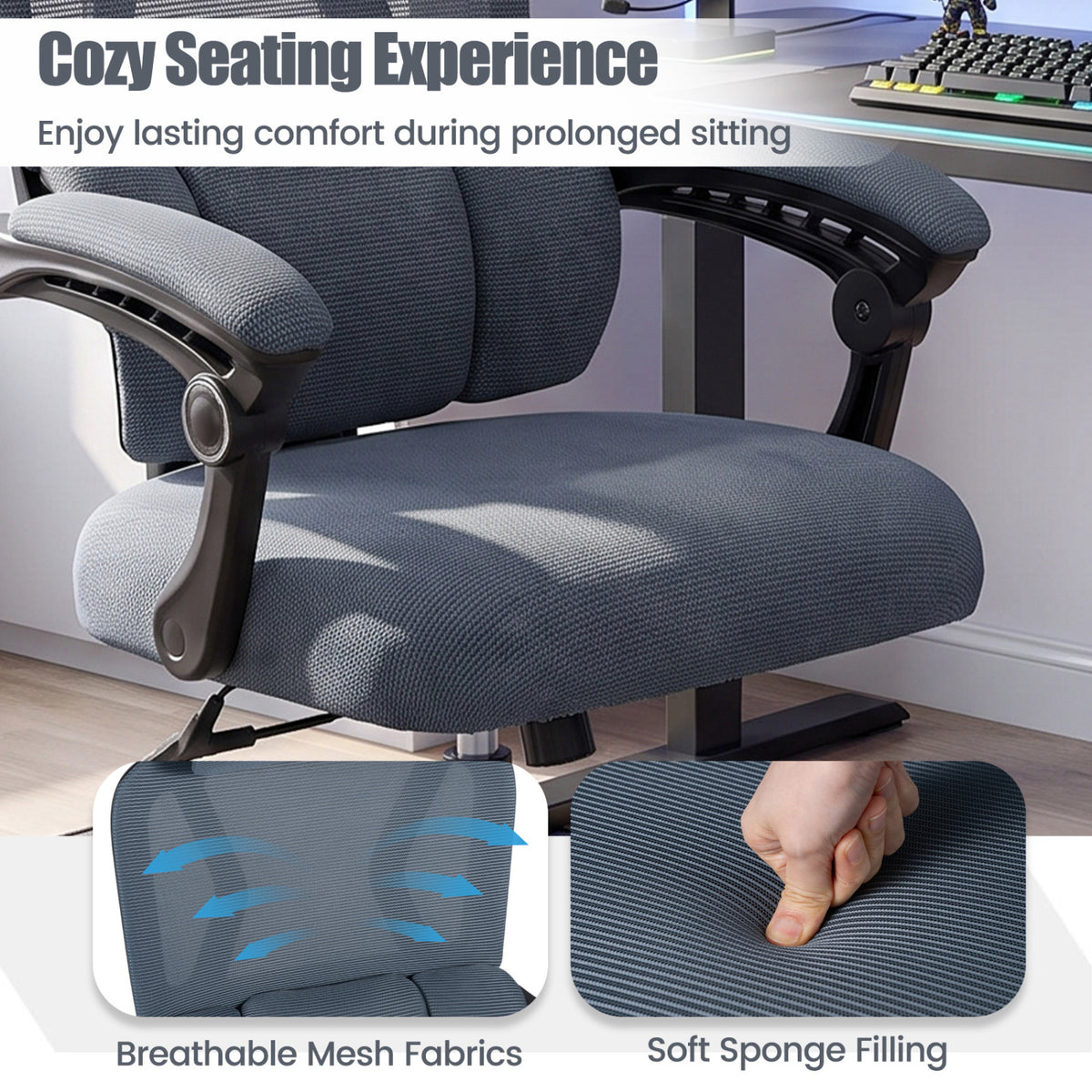 Ergonomic Office Computer Mesh Chair with High Back Adaptive Lumbar Support and 2D Adjustable Headrest-Gray-Office Chairs-DECOROLALA
