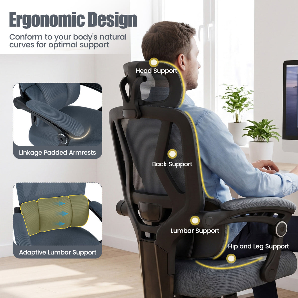 Ergonomic Office Computer Mesh Chair with High Back Adaptive Lumbar Support and 2D Adjustable Headrest-Gray-Office Chairs-DECOROLALA