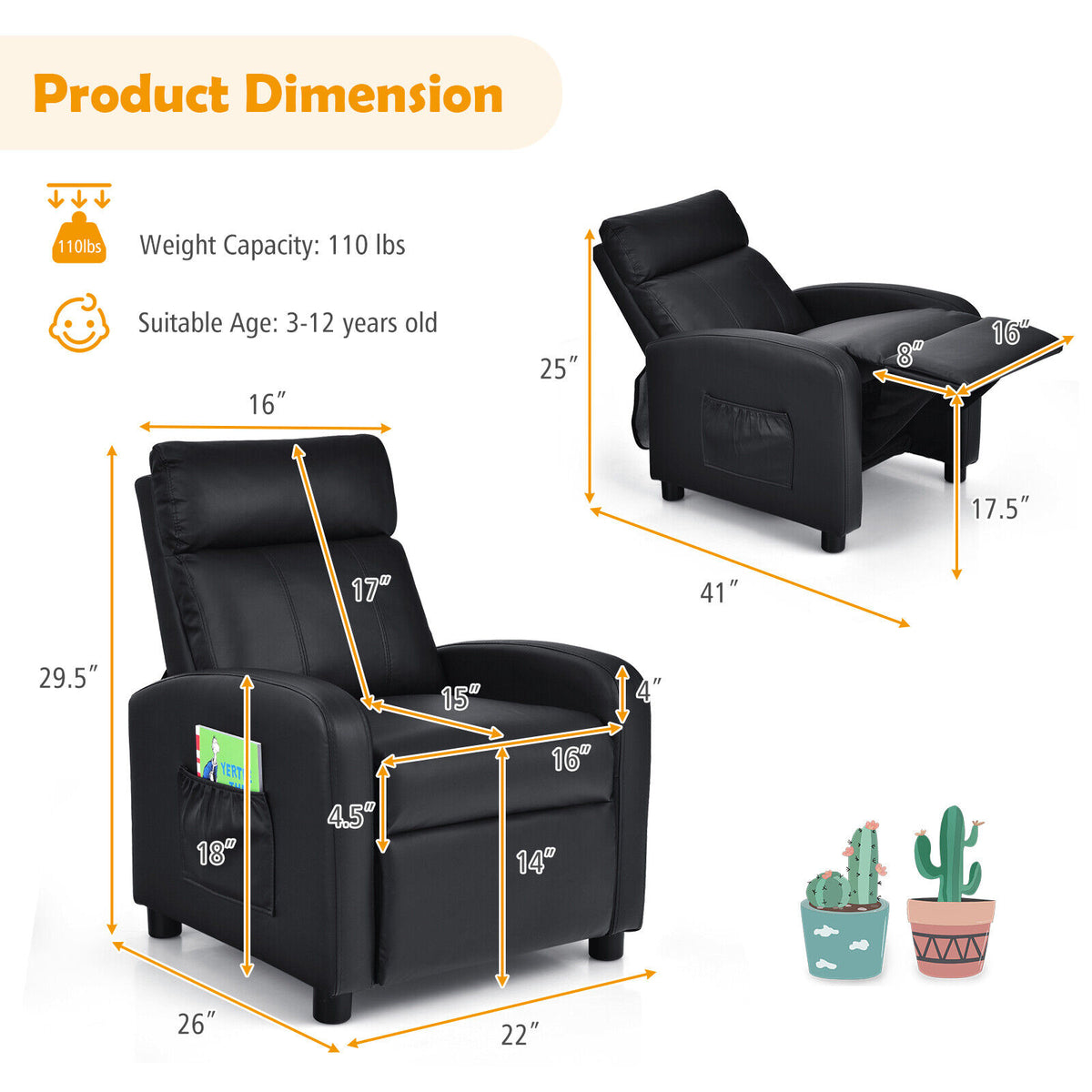 Ergonomic PU Leather Kids Recliner Lounge Sofa for 3-12 Age Group-Black-Kids Chairs-DECOROLALA