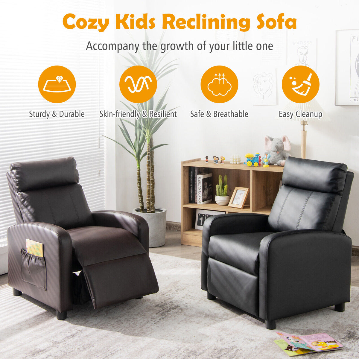 Ergonomic PU Leather Kids Recliner Lounge Sofa for 3-12 Age Group-Black-Kids Chairs-DECOROLALA