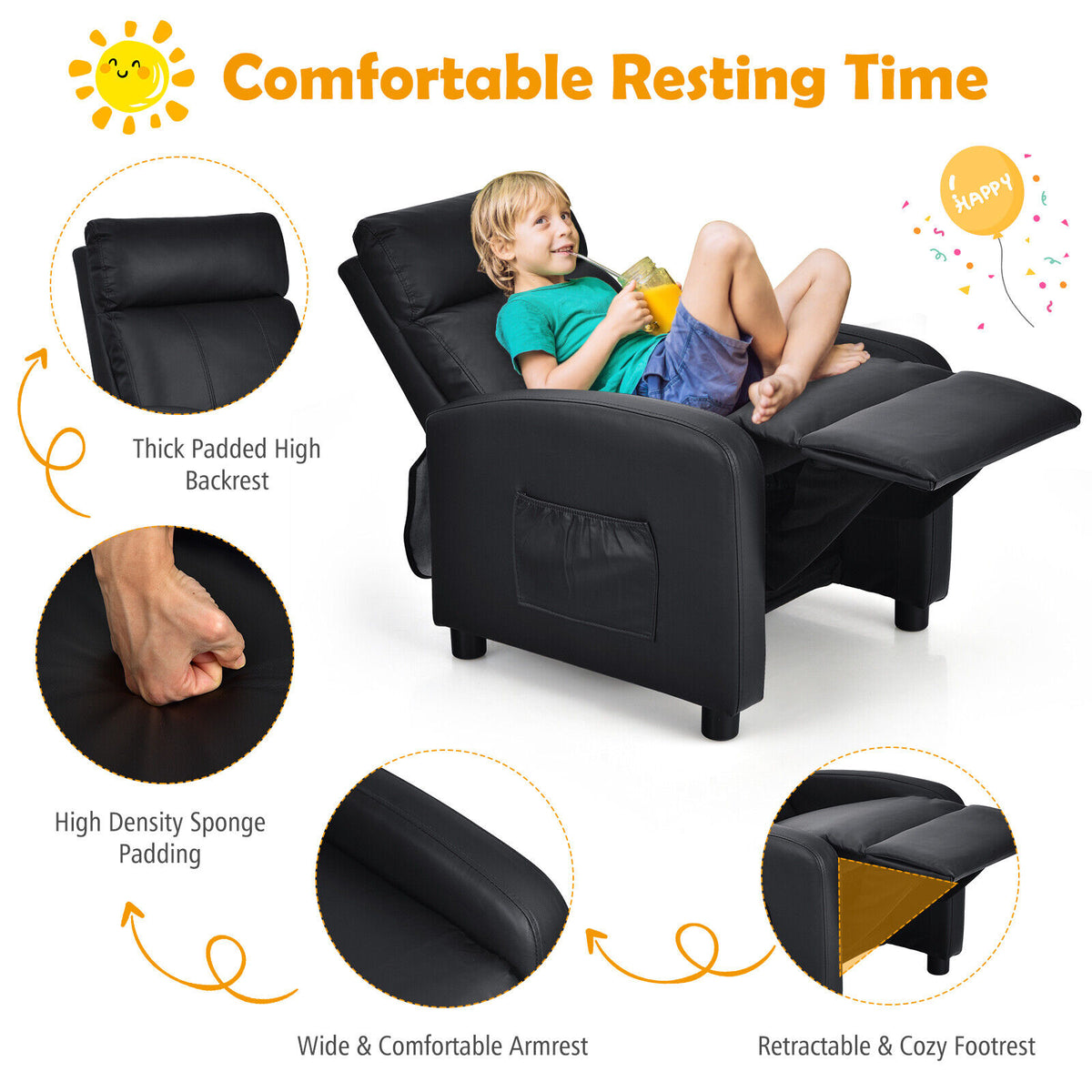 Ergonomic PU Leather Kids Recliner Lounge Sofa for 3-12 Age Group-Black-Kids Chairs-DECOROLALA