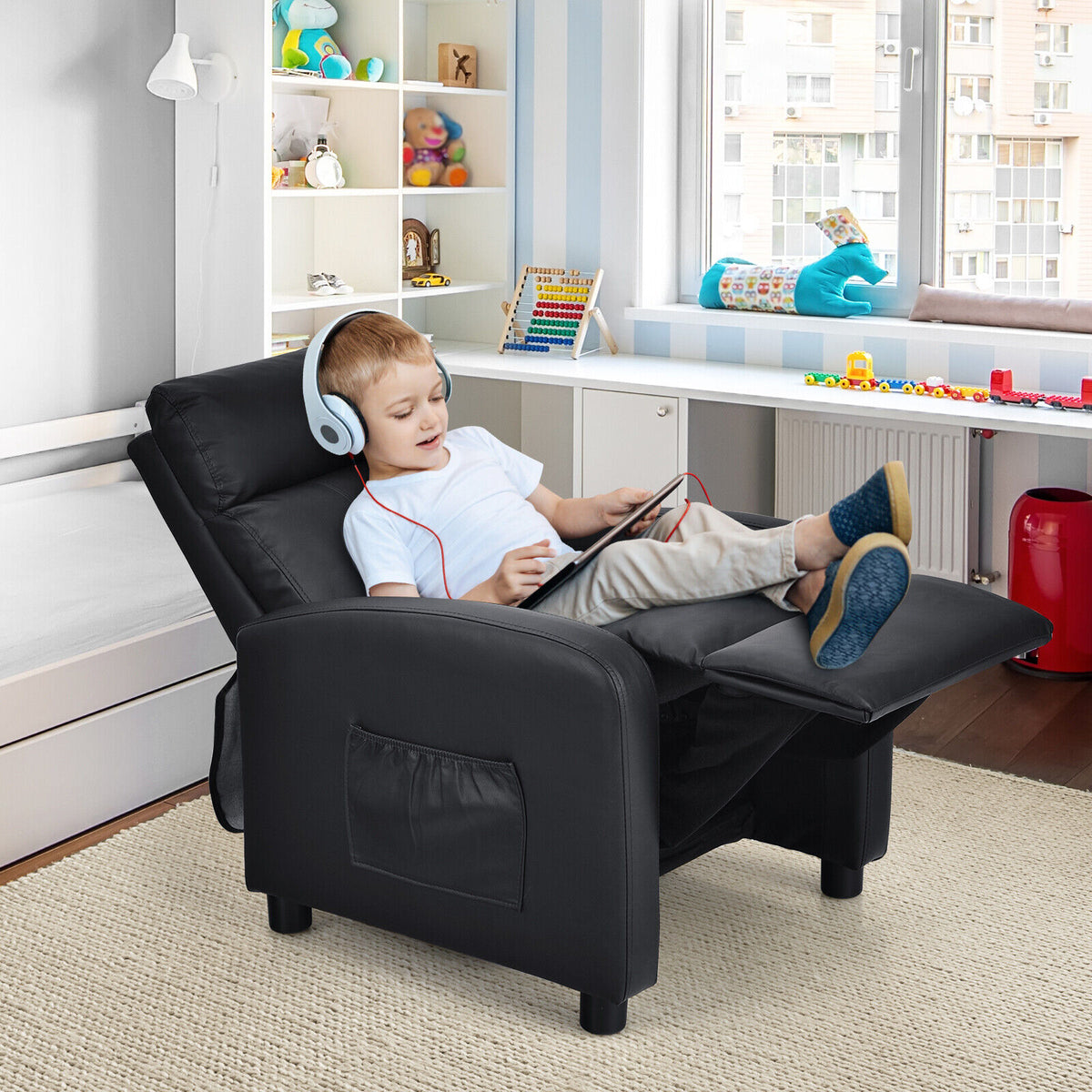 Ergonomic PU Leather Kids Recliner Lounge Sofa for 3-12 Age Group-Black-Kids Chairs-DECOROLALA