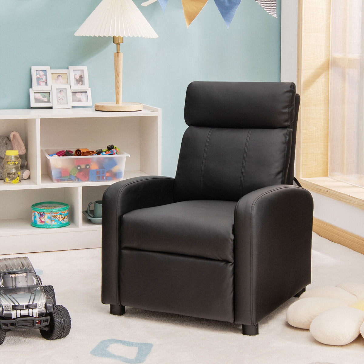 Ergonomic PU Leather Kids Recliner Lounge Sofa for 3-12 Age Group-Black-Kids Chairs-DECOROLALA