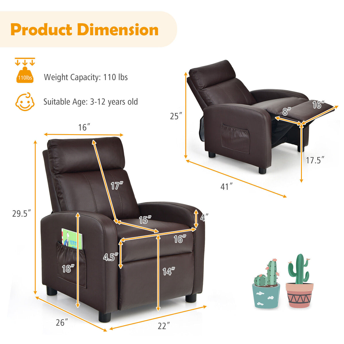Ergonomic PU Leather Kids Recliner Lounge Sofa for 3-12 Age Group-Brown-Kids Chairs-DECOROLALA