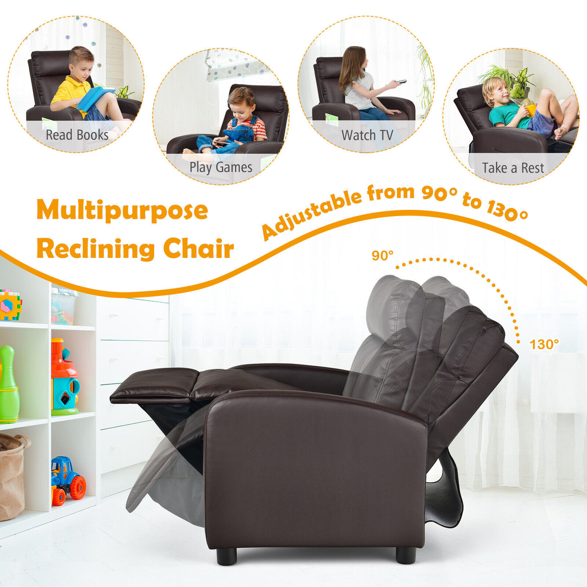 Ergonomic PU Leather Kids Recliner Lounge Sofa for 3-12 Age Group-Brown-Kids Chairs-DECOROLALA