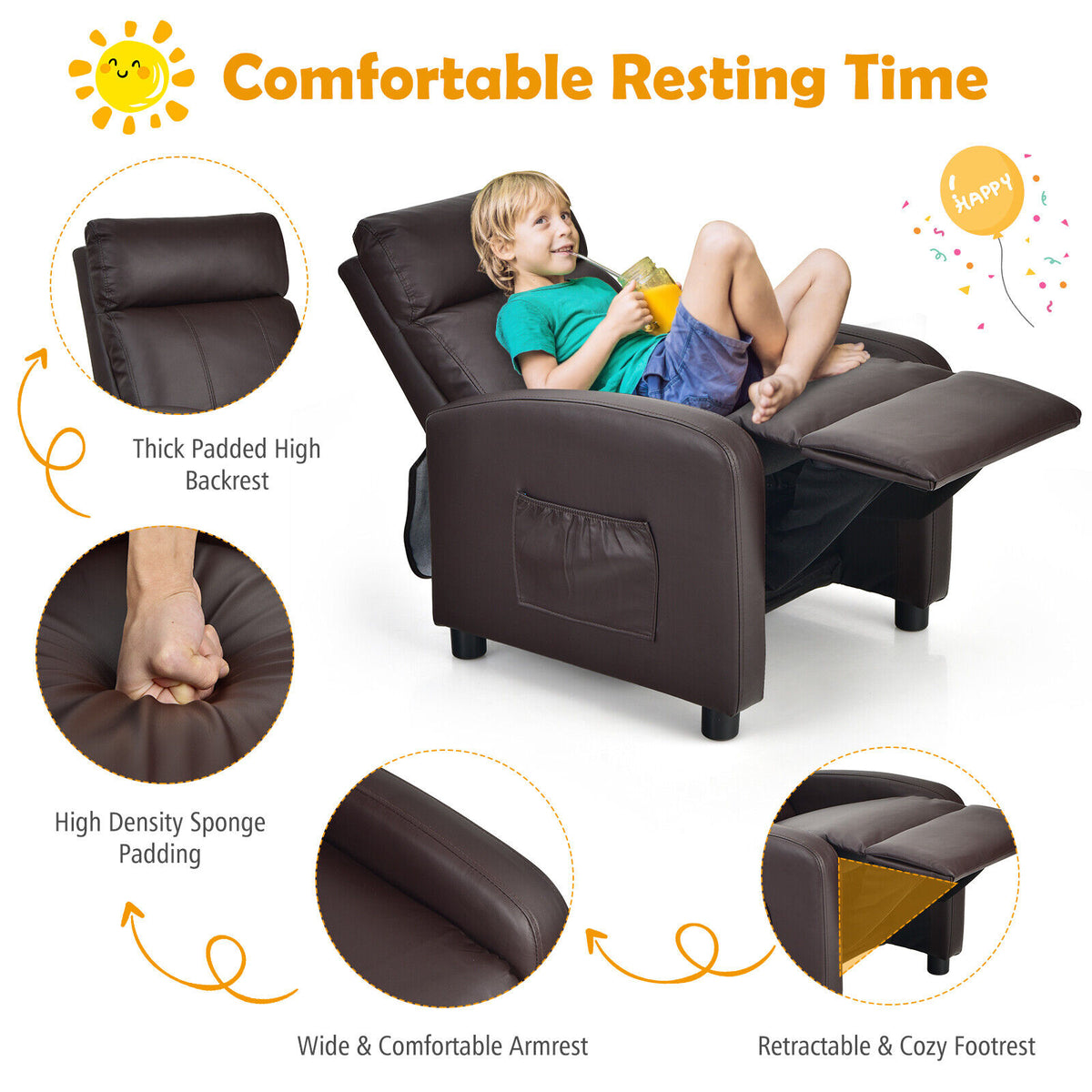 Ergonomic PU Leather Kids Recliner Lounge Sofa for 3-12 Age Group-Brown-Kids Chairs-DECOROLALA