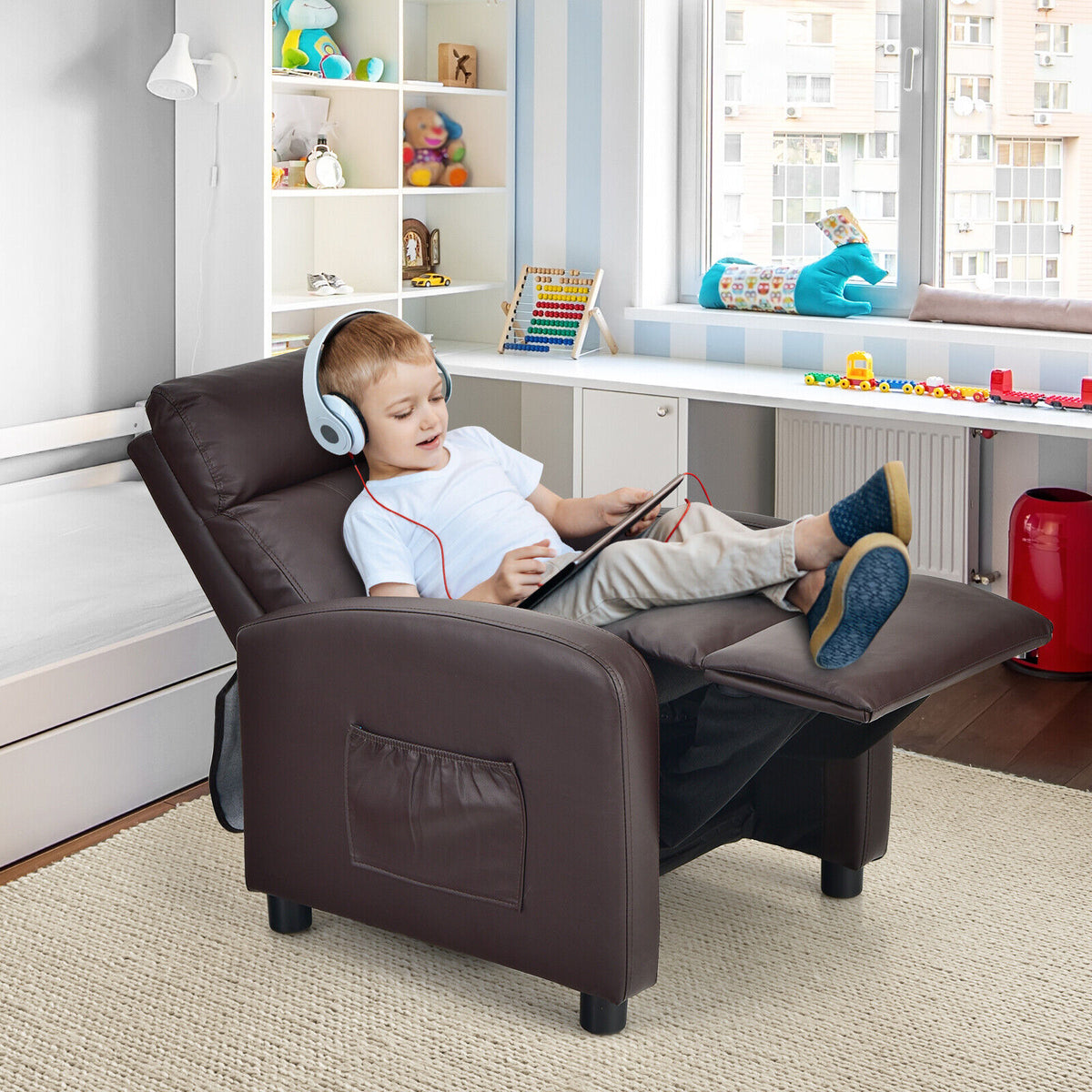 Ergonomic PU Leather Kids Recliner Lounge Sofa for 3-12 Age Group-Brown-Kids Chairs-DECOROLALA