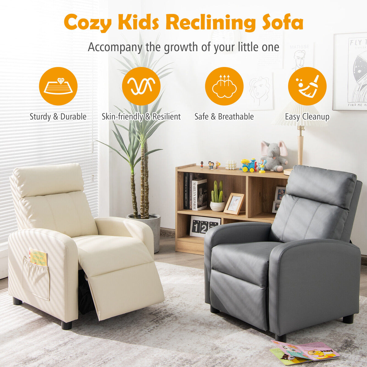 Ergonomic PU Leather Kids Recliner Lounge Sofa for 3-12 Age Group-White-Kids Chairs-DECOROLALA