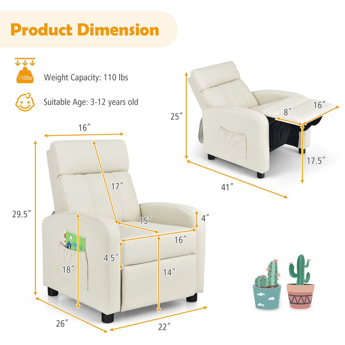 Ergonomic PU Leather Kids Recliner Lounge Sofa for 3-12 Age Group-White-Kids Chairs-DECOROLALA