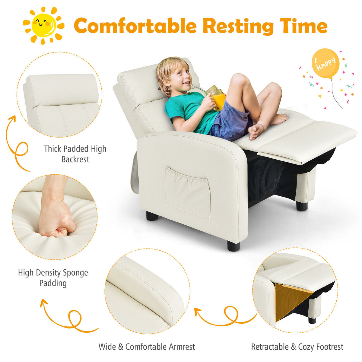 Ergonomic PU Leather Kids Recliner Lounge Sofa for 3-12 Age Group-White-Kids Chairs-DECOROLALA