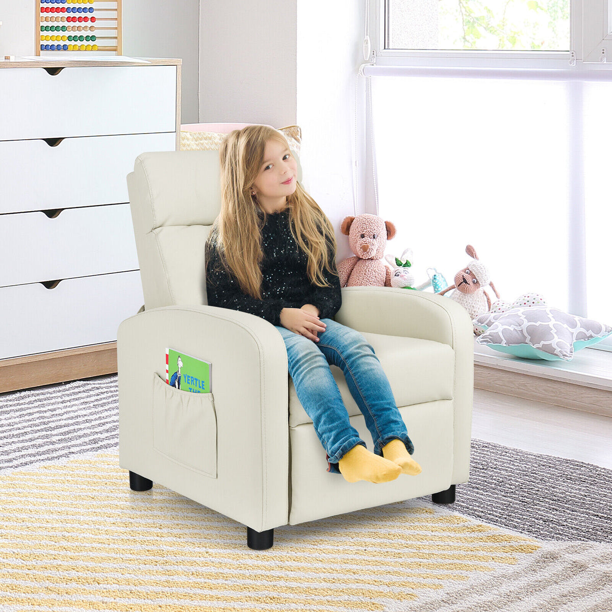 Ergonomic PU Leather Kids Recliner Lounge Sofa for 3-12 Age Group-White-Kids Chairs-DECOROLALA