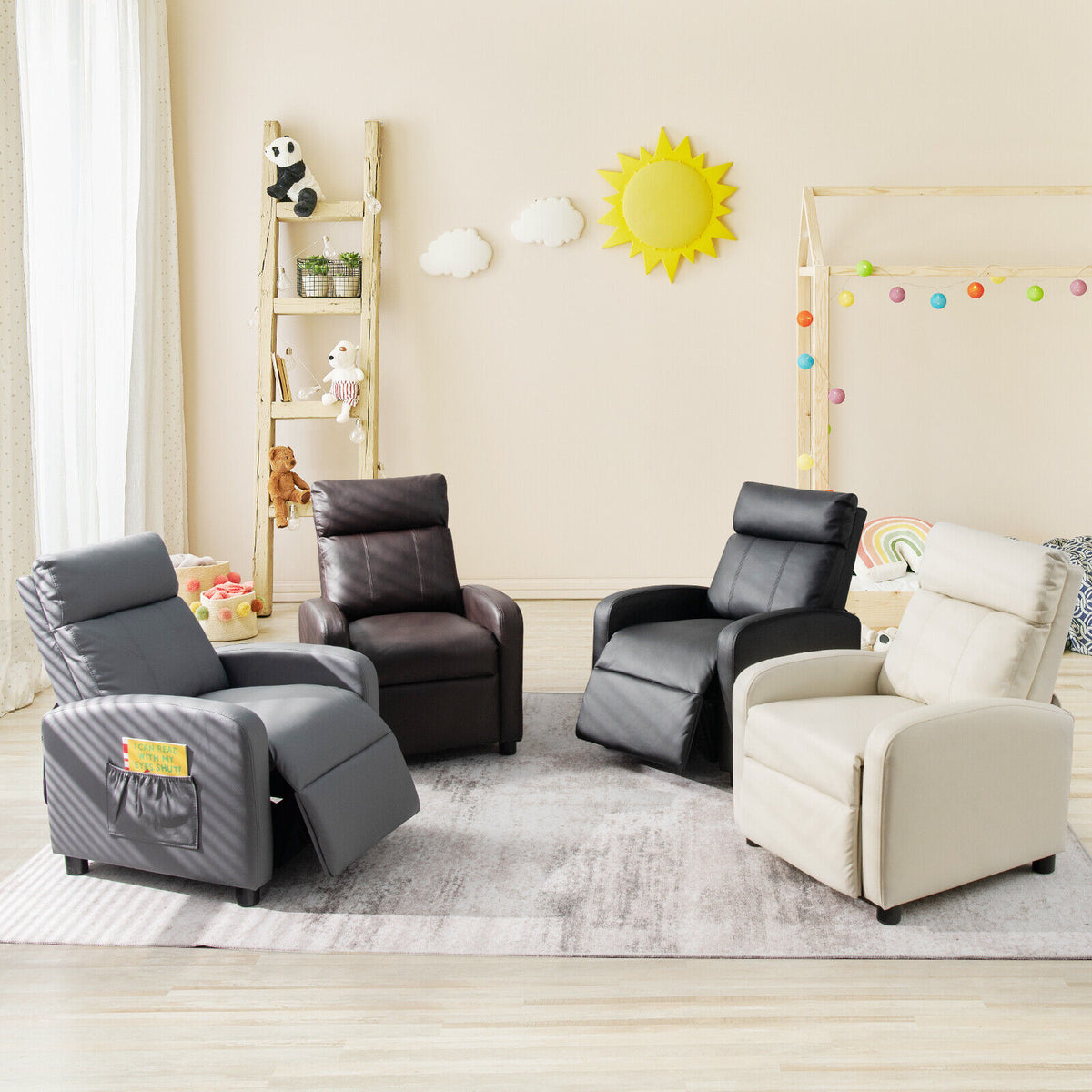 Ergonomic PU Leather Kids Recliner Lounge Sofa for 3-12 Age Group-White-Kids Chairs-DECOROLALA