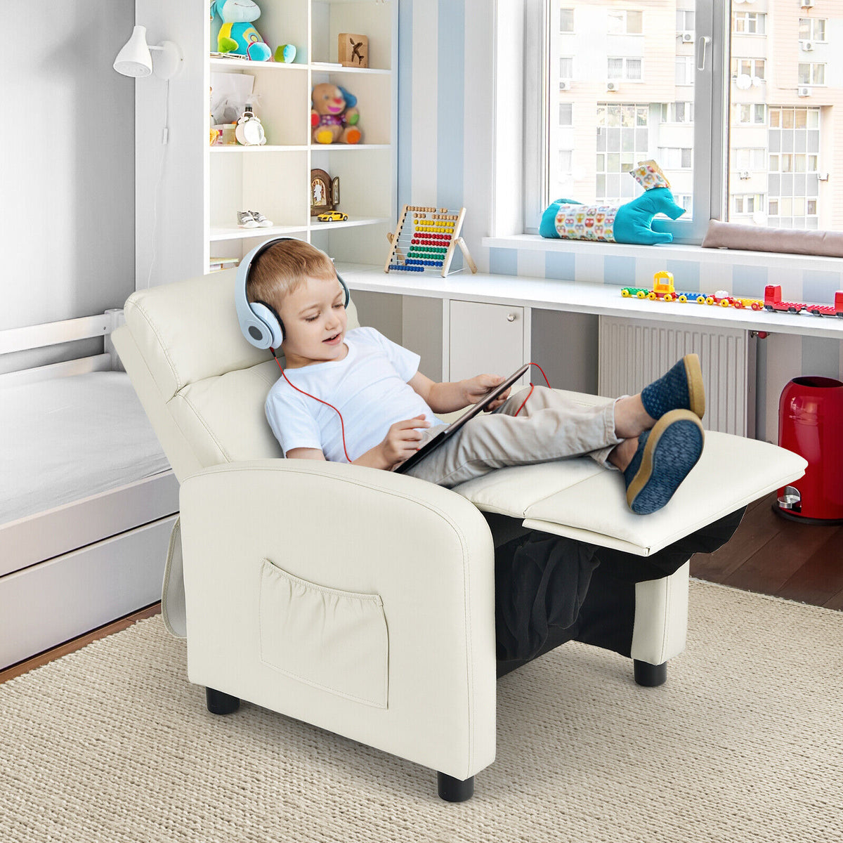 Ergonomic PU Leather Kids Recliner Lounge Sofa for 3-12 Age Group-White-Kids Chairs-DECOROLALA