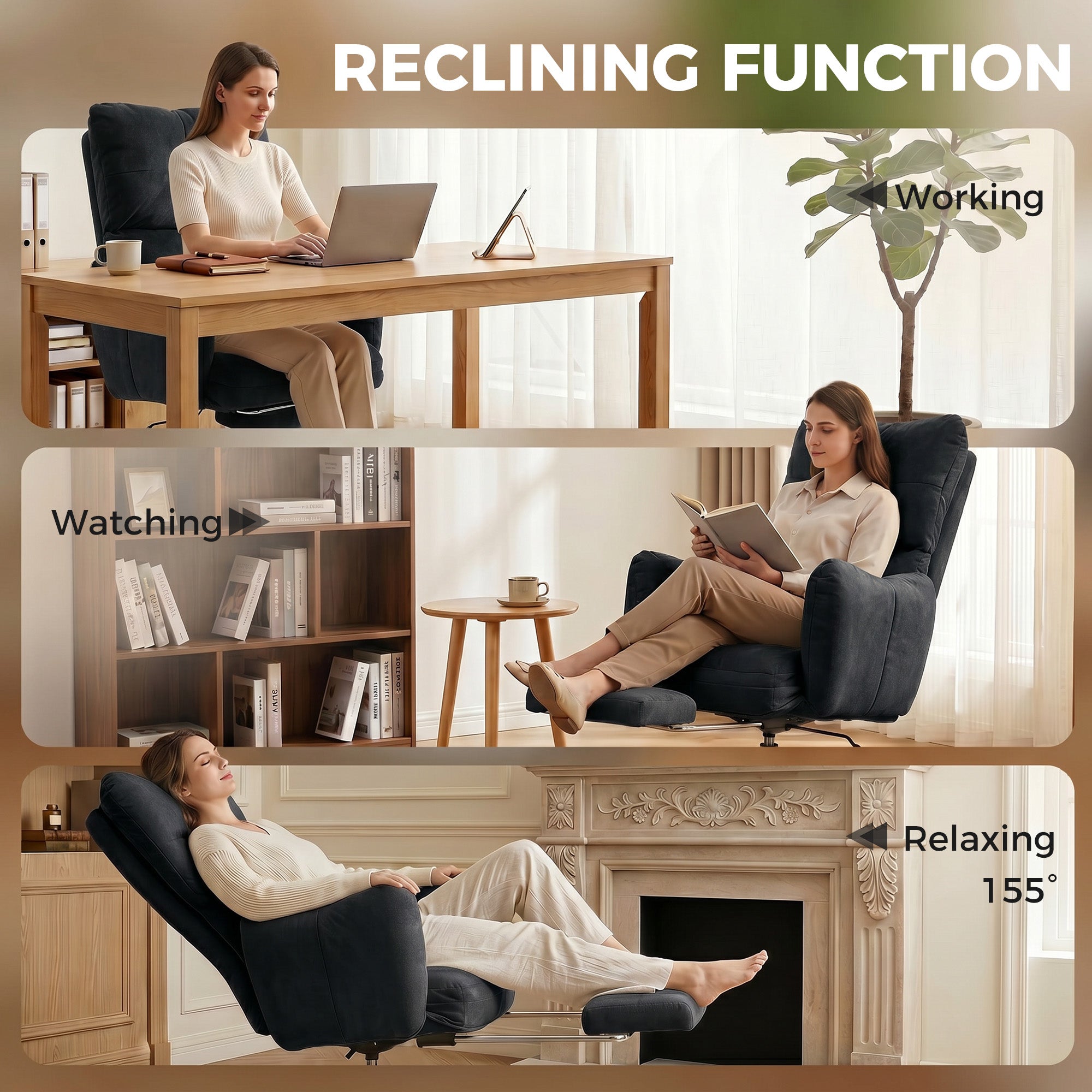 Ergonomic Reclining Office Chair with Footrest - Black-Office Products > Office Furniture > Office Chairs > Task Chairs-DECOROLALA